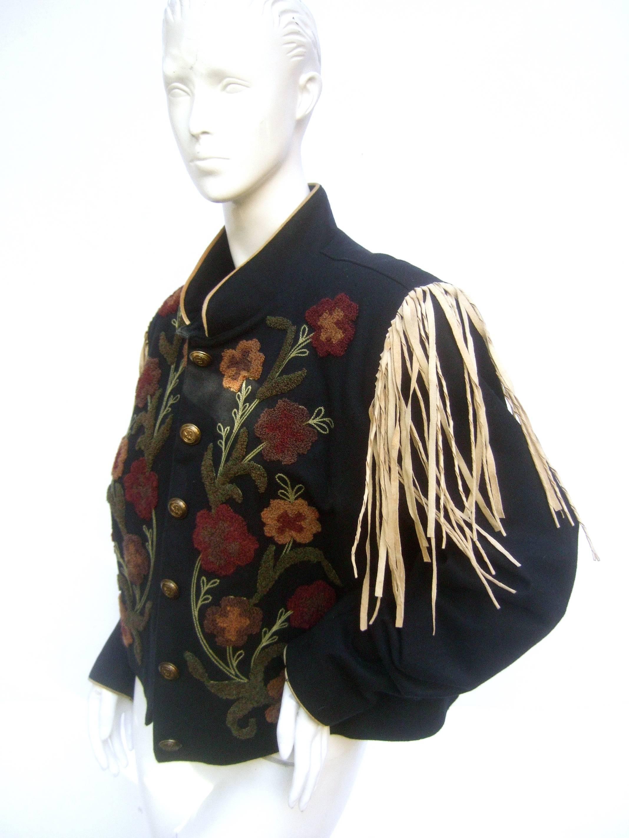 Southwestern Black Wool Applique Fringe Jacket c 1990s 3