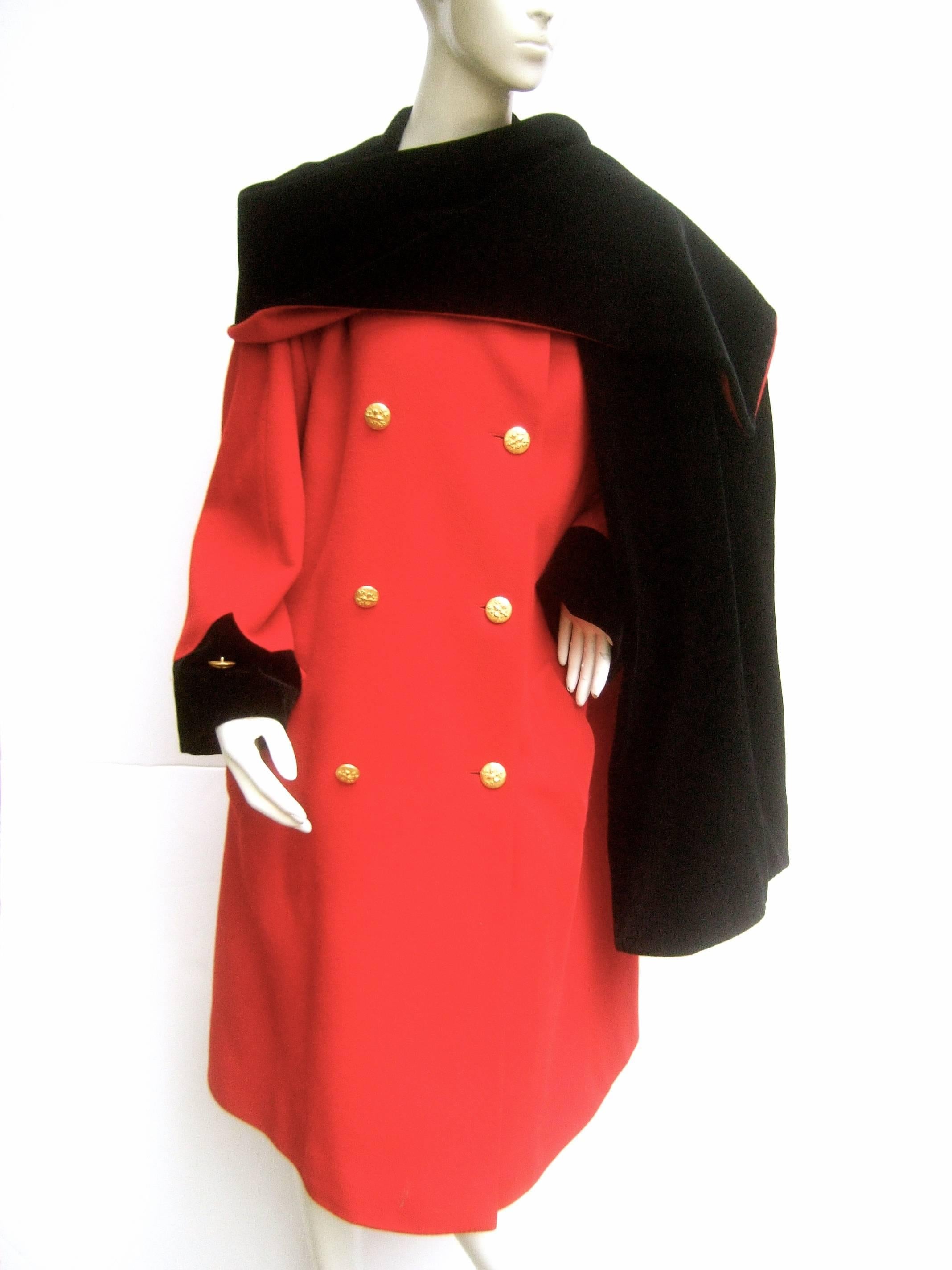 Escada Cherry Red Wool Black Velvet Trim Coat c 1990 In Excellent Condition In University City, MO