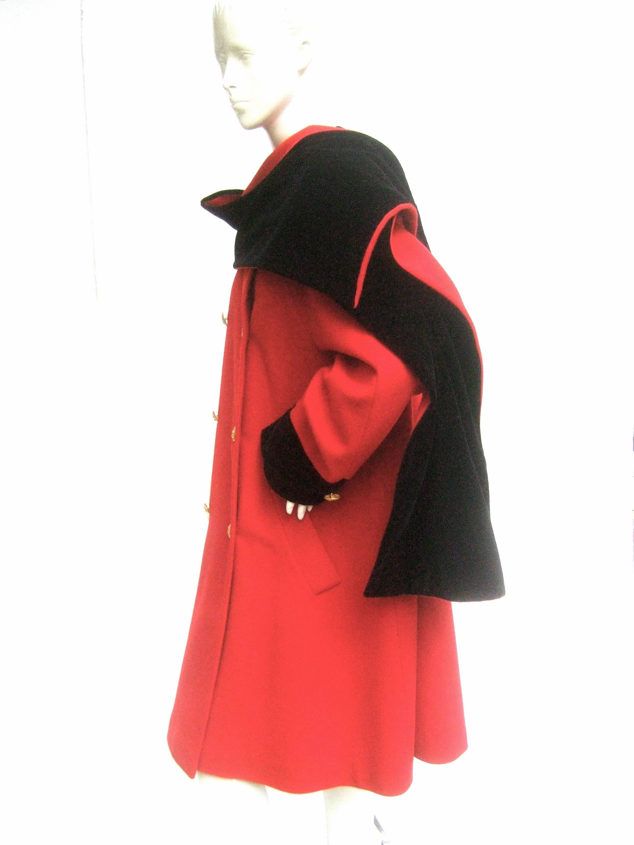 Escada Cherry Red Wool Black Velvet Trim Coat c 1990 1
