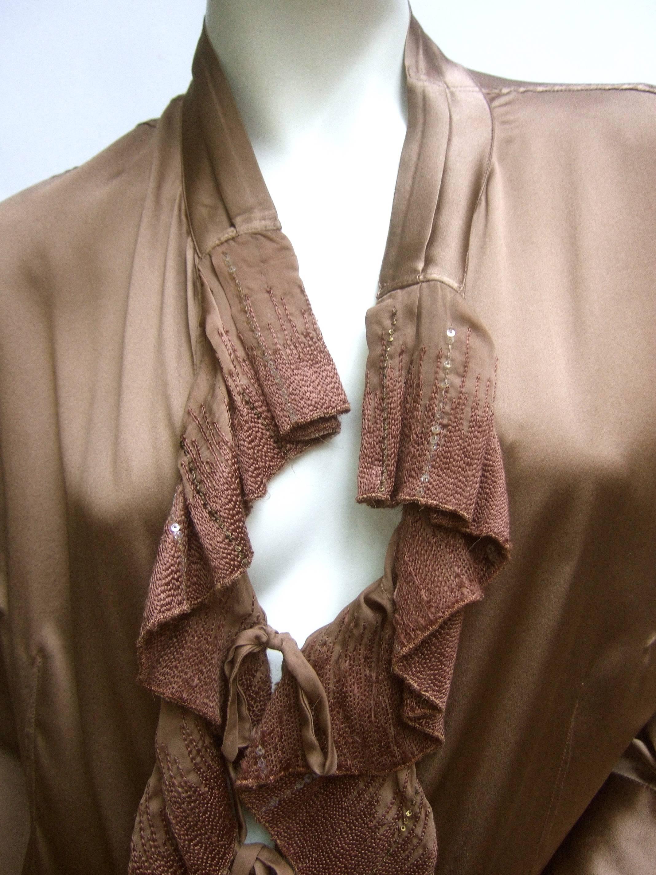 Roberto Cavalli Bronze Silk Charmeuse Ruffled Blouse  In Excellent Condition In University City, MO