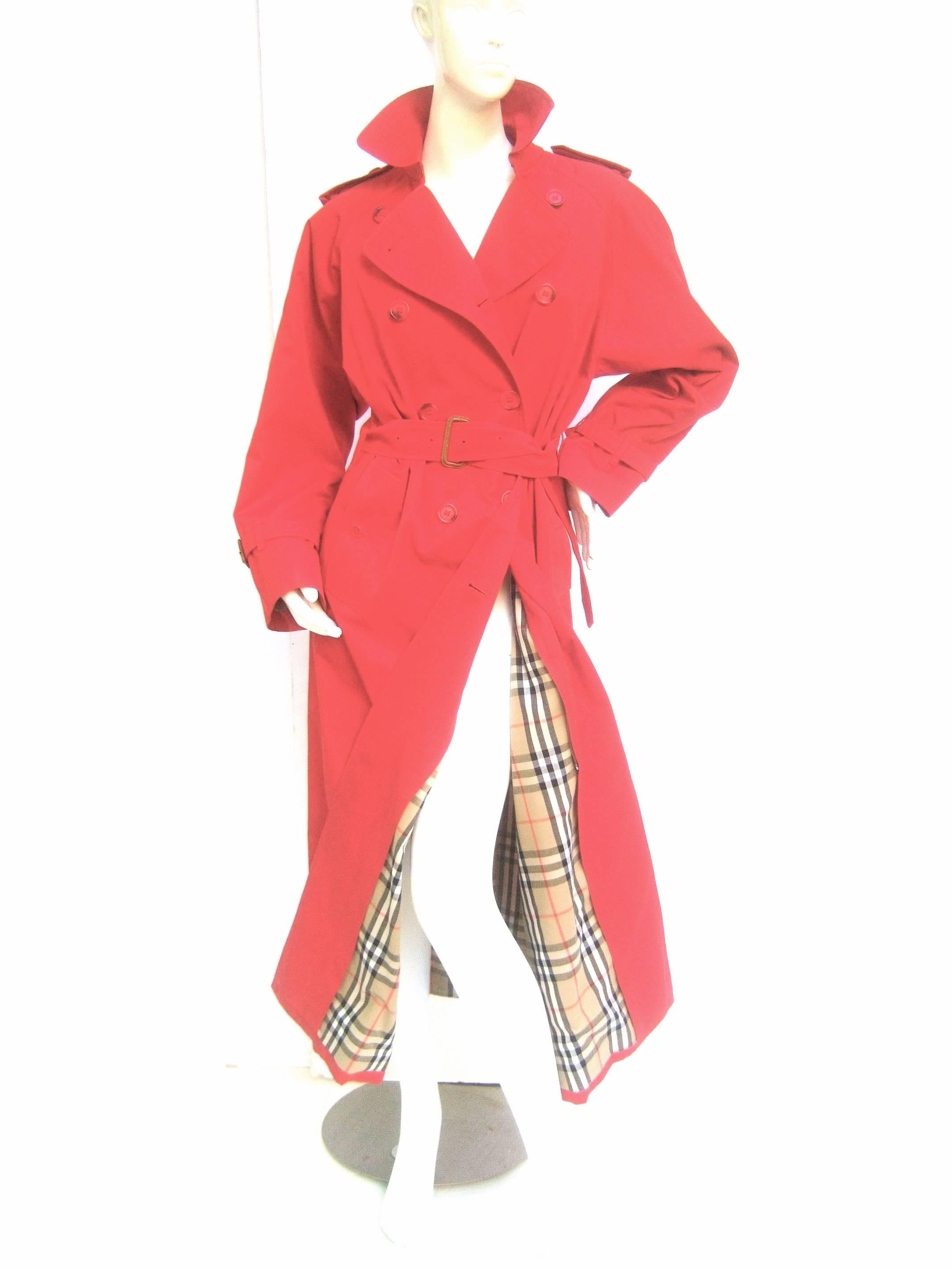 Burberry's Cherry Red Nova Plaid Trench Coat c 1990s 1