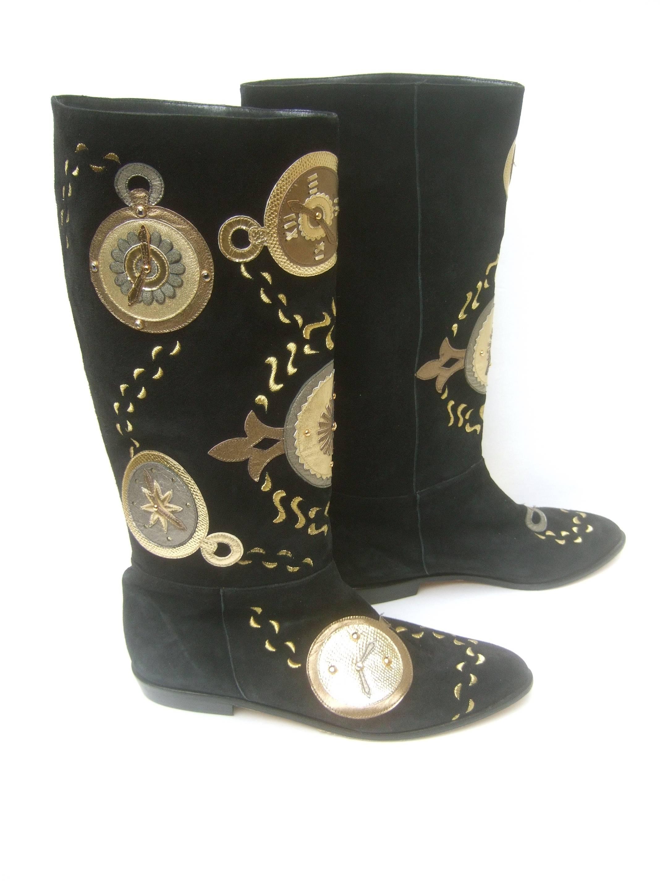 Unique Black Suede Metallic Clock Theme Boots by Zalo  In Excellent Condition For Sale In University City, MO