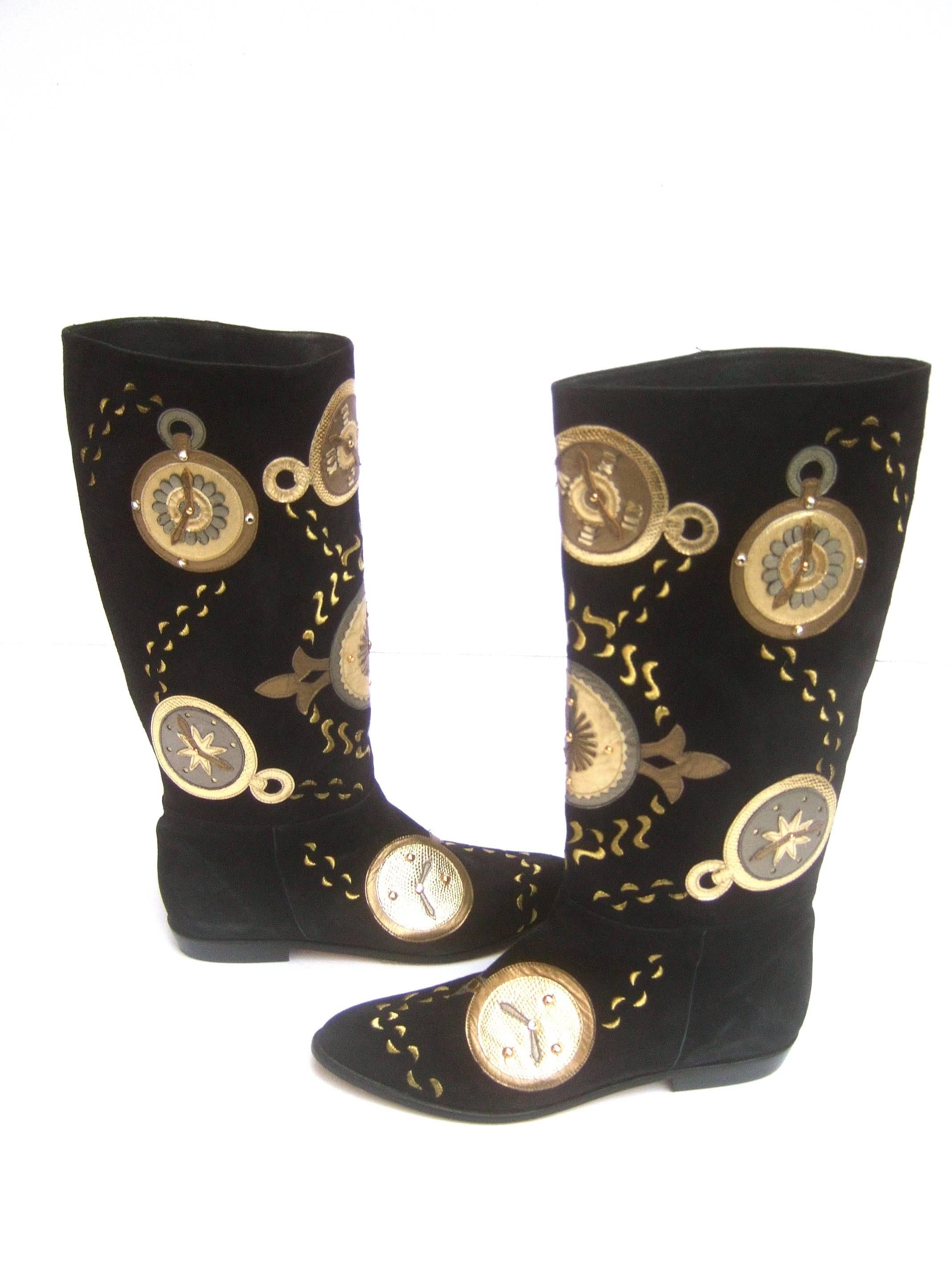 Women's Unique Black Suede Metallic Clock Theme Boots by Zalo  For Sale