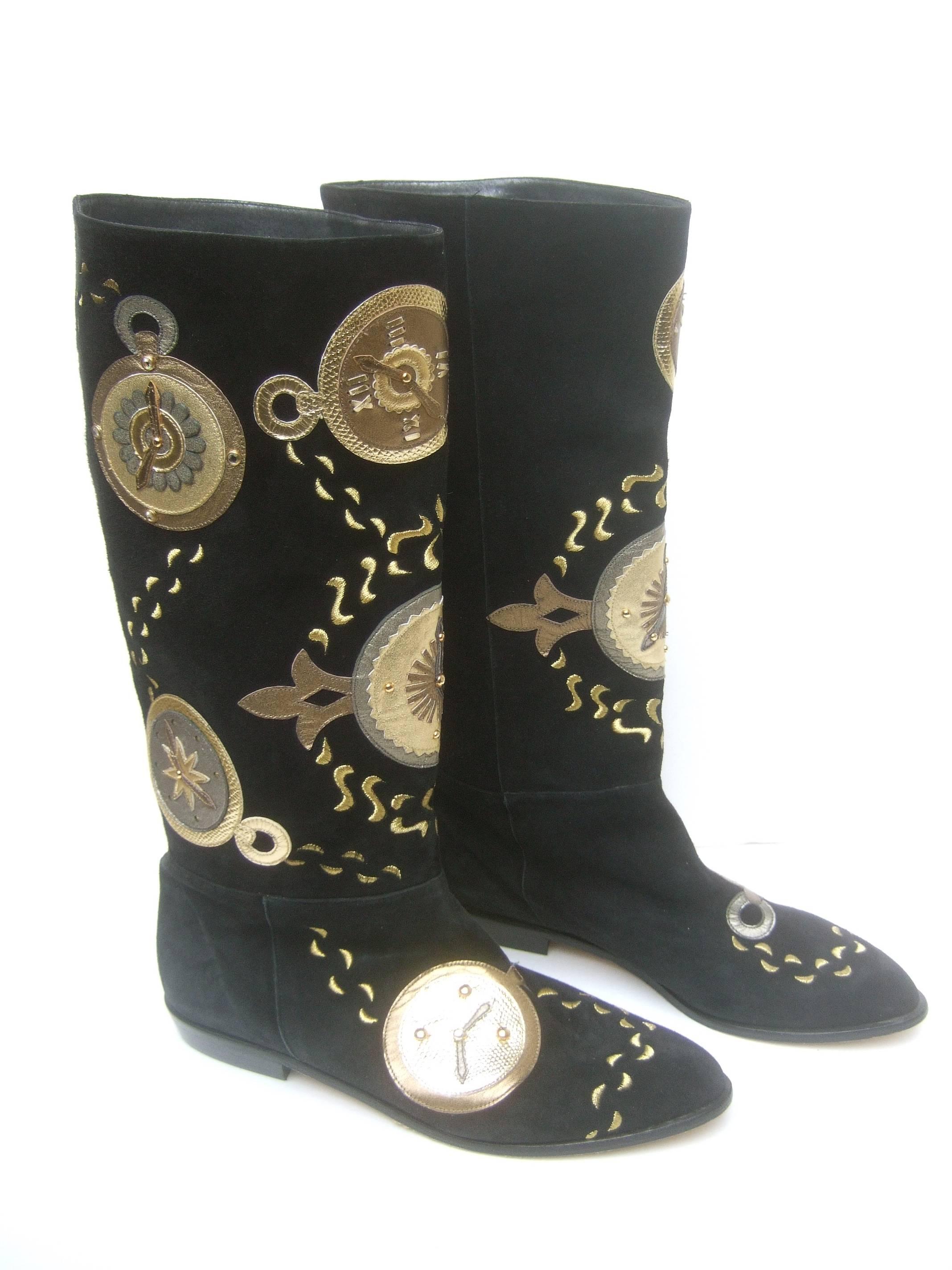 Unique Black Suede Metallic Clock Theme Boots by Zalo  For Sale 3