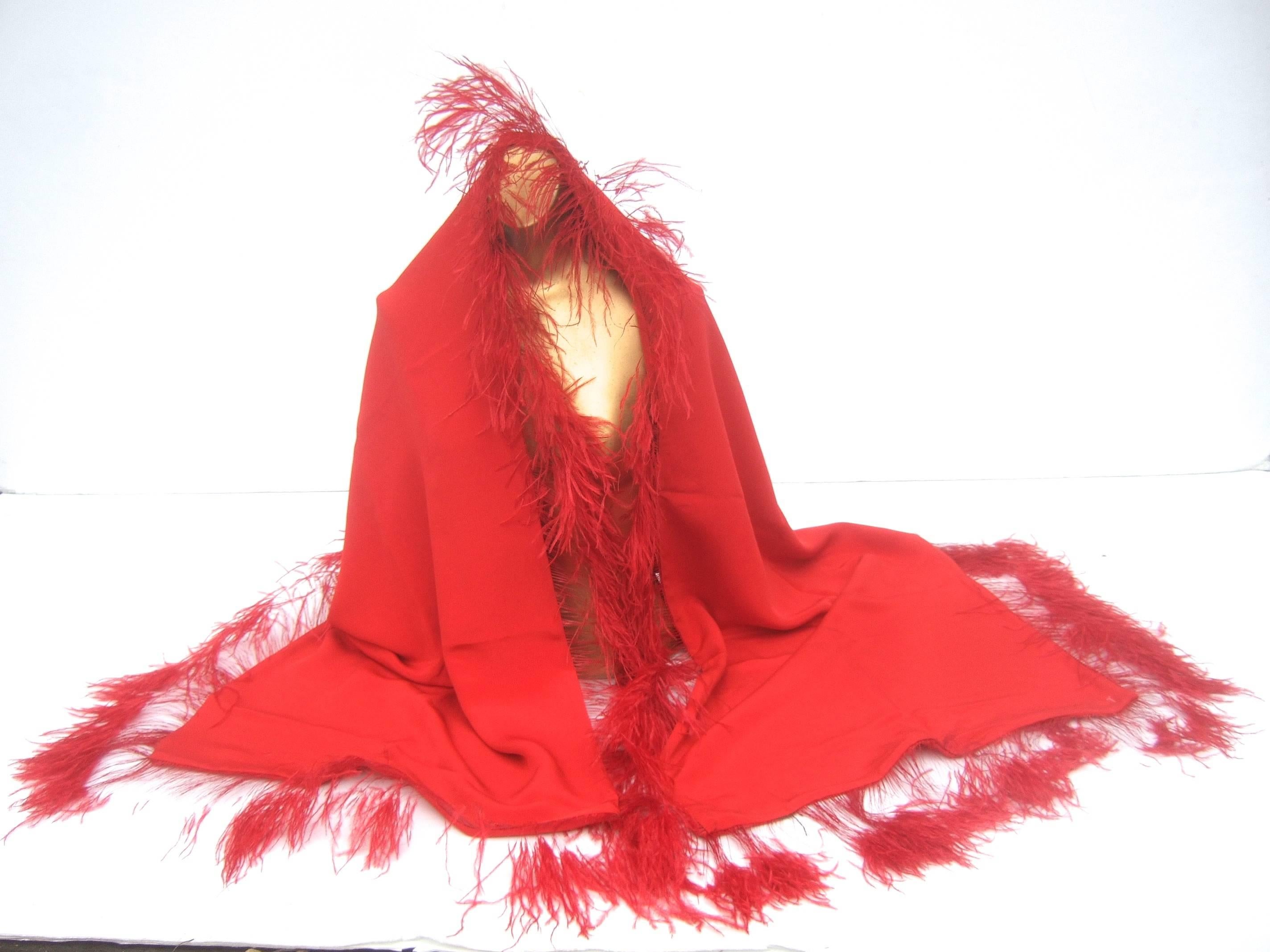 Neiman Marcus Dramatic Scarlet Feather Trim Silk Wrap  In Excellent Condition In University City, MO