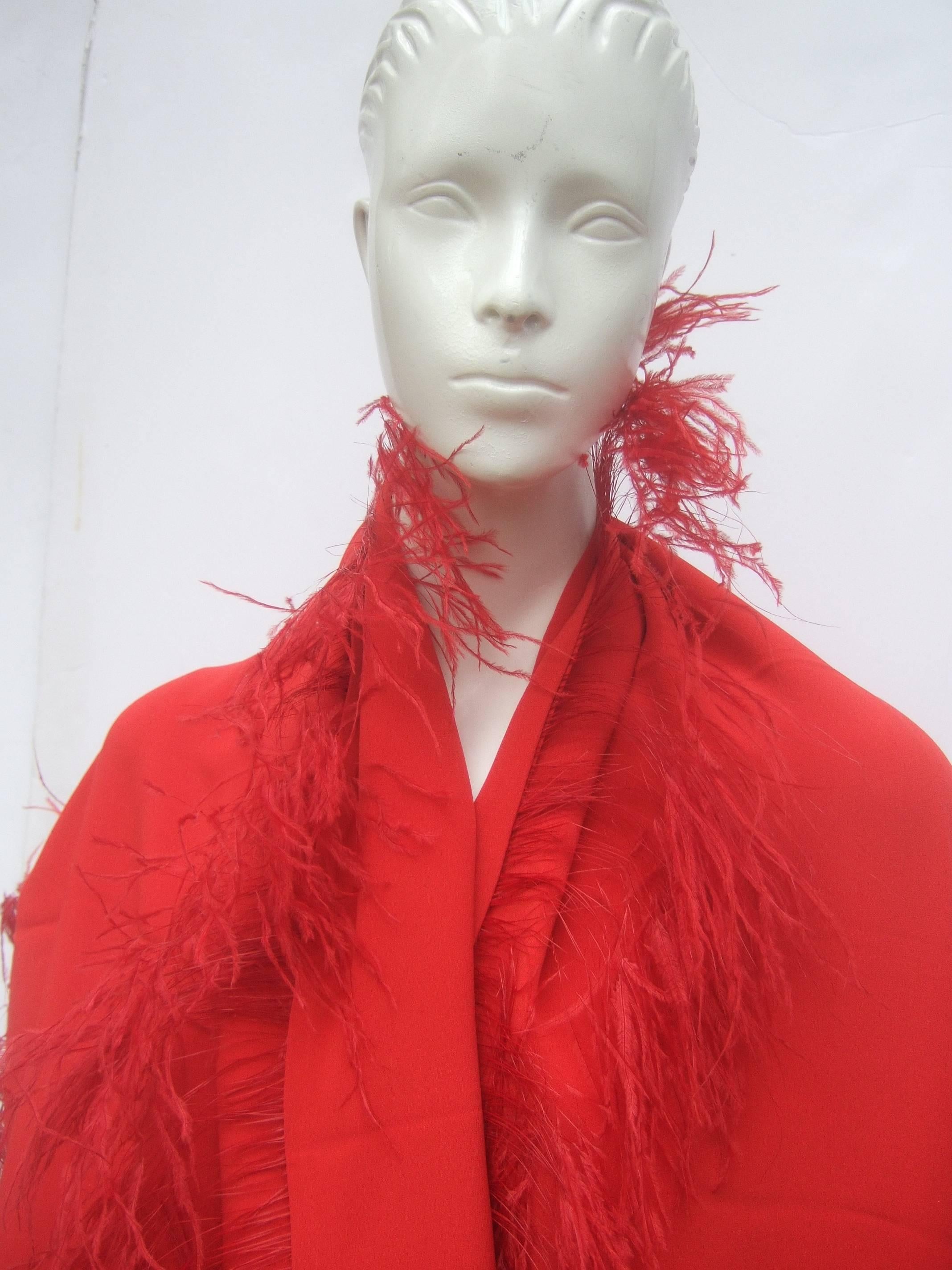 Women's Neiman Marcus Dramatic Scarlet Feather Trim Silk Wrap 