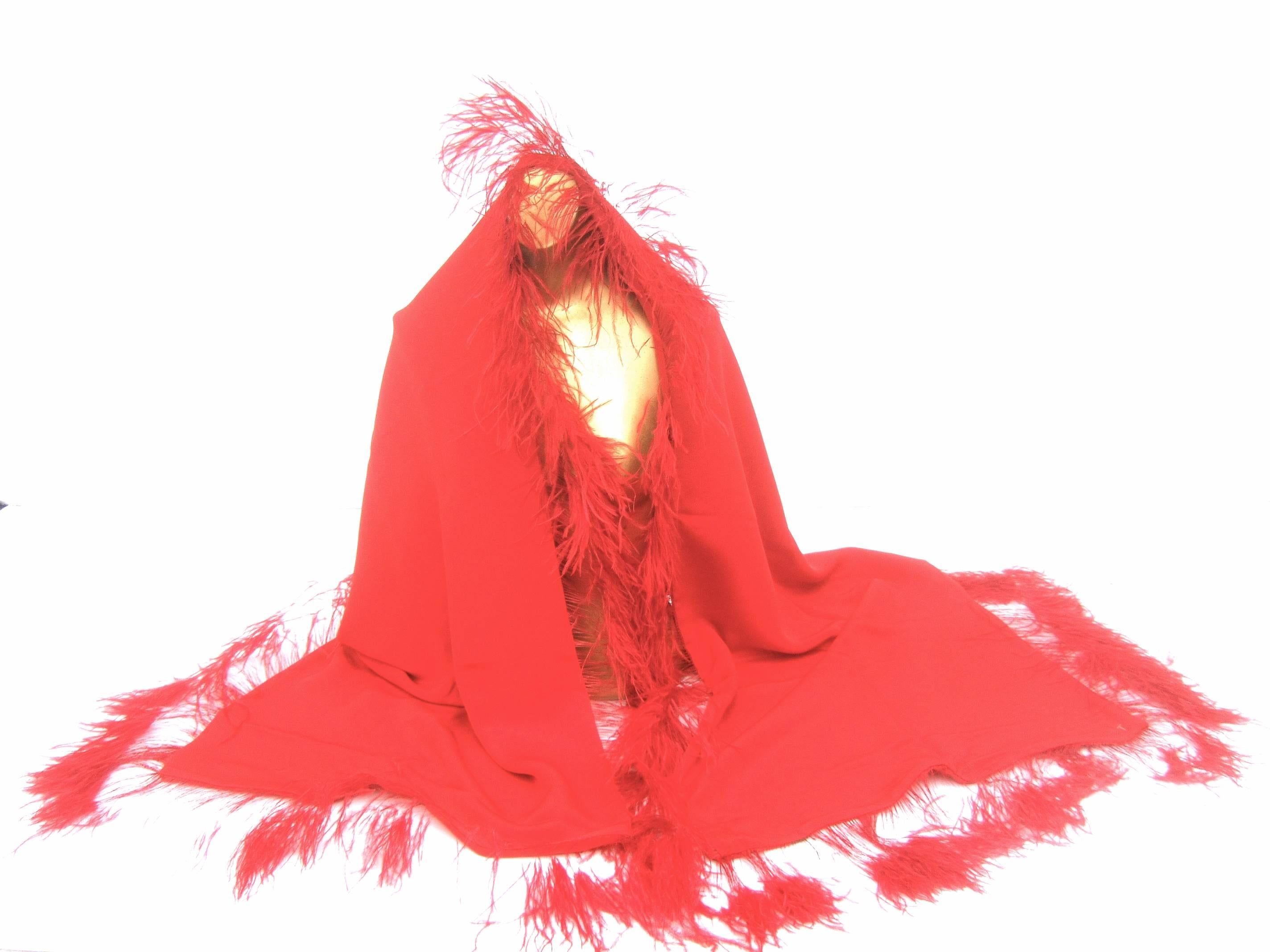 Neiman Marcus Dramatic Scarlet Feather Trim Silk Wrap  2