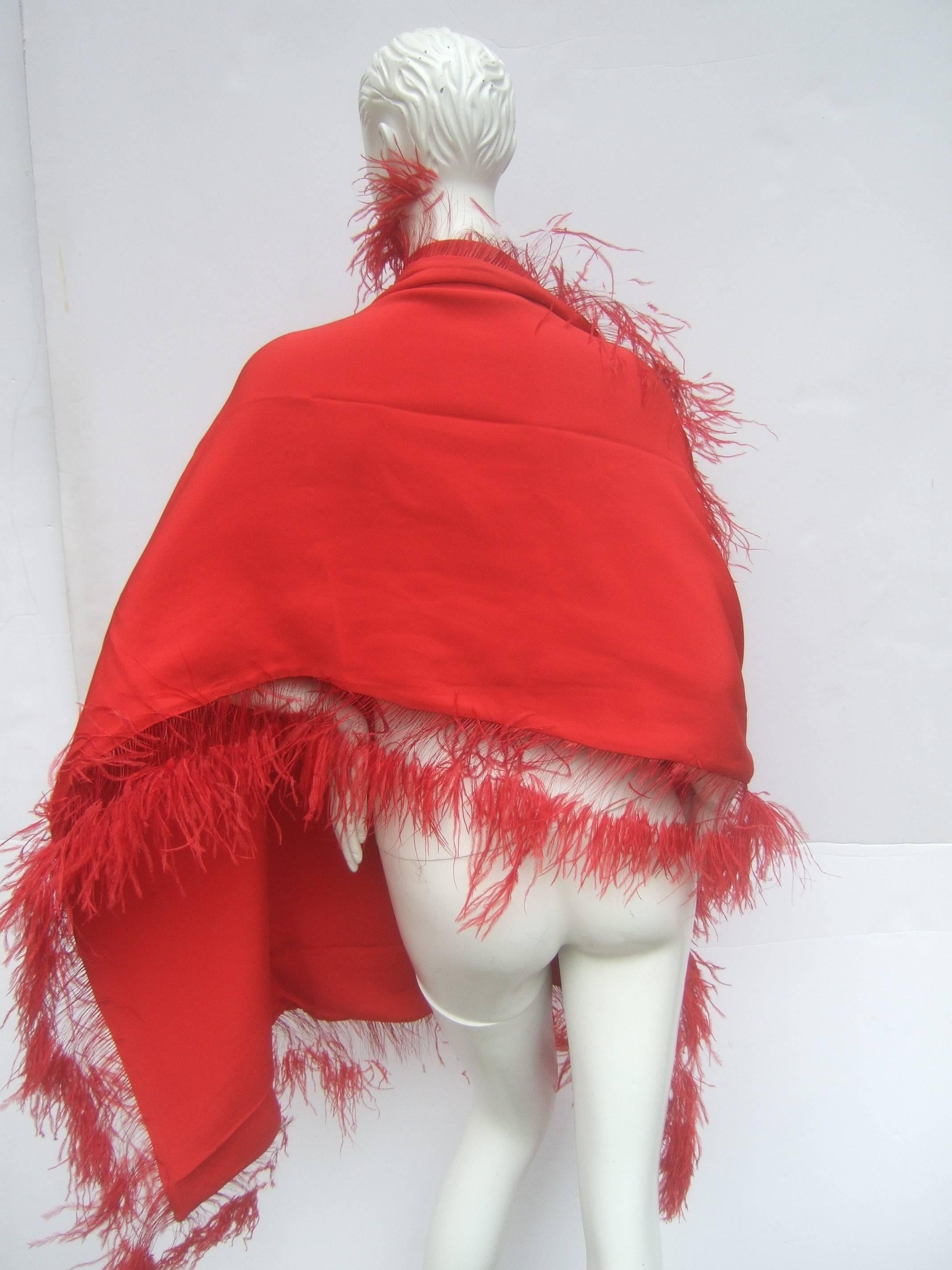 Neiman Marcus Dramatic Scarlet Feather Trim Silk Wrap  3