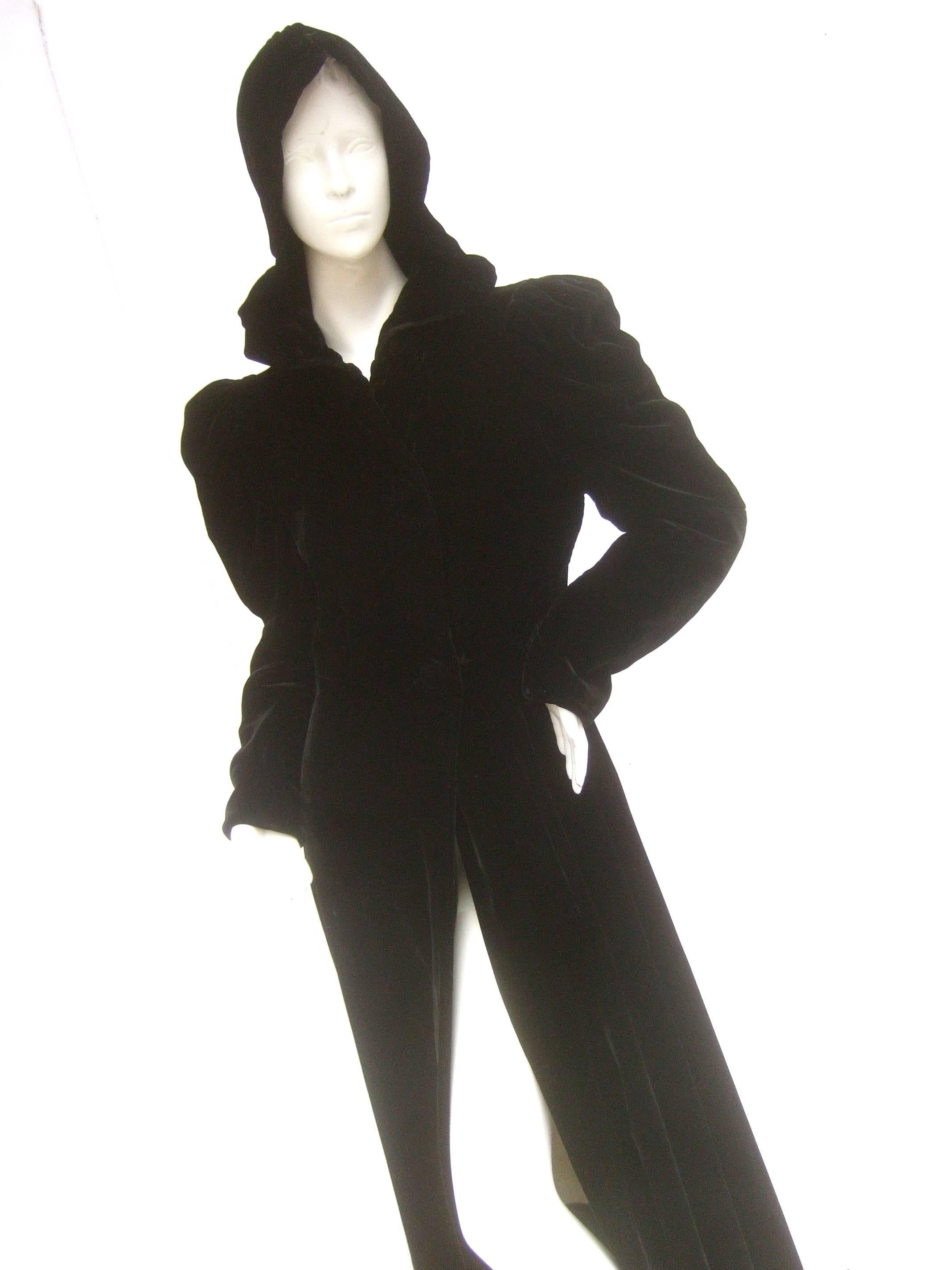 Dramatic Black Silk Velvet Hooded Opera Coat c 1950 2