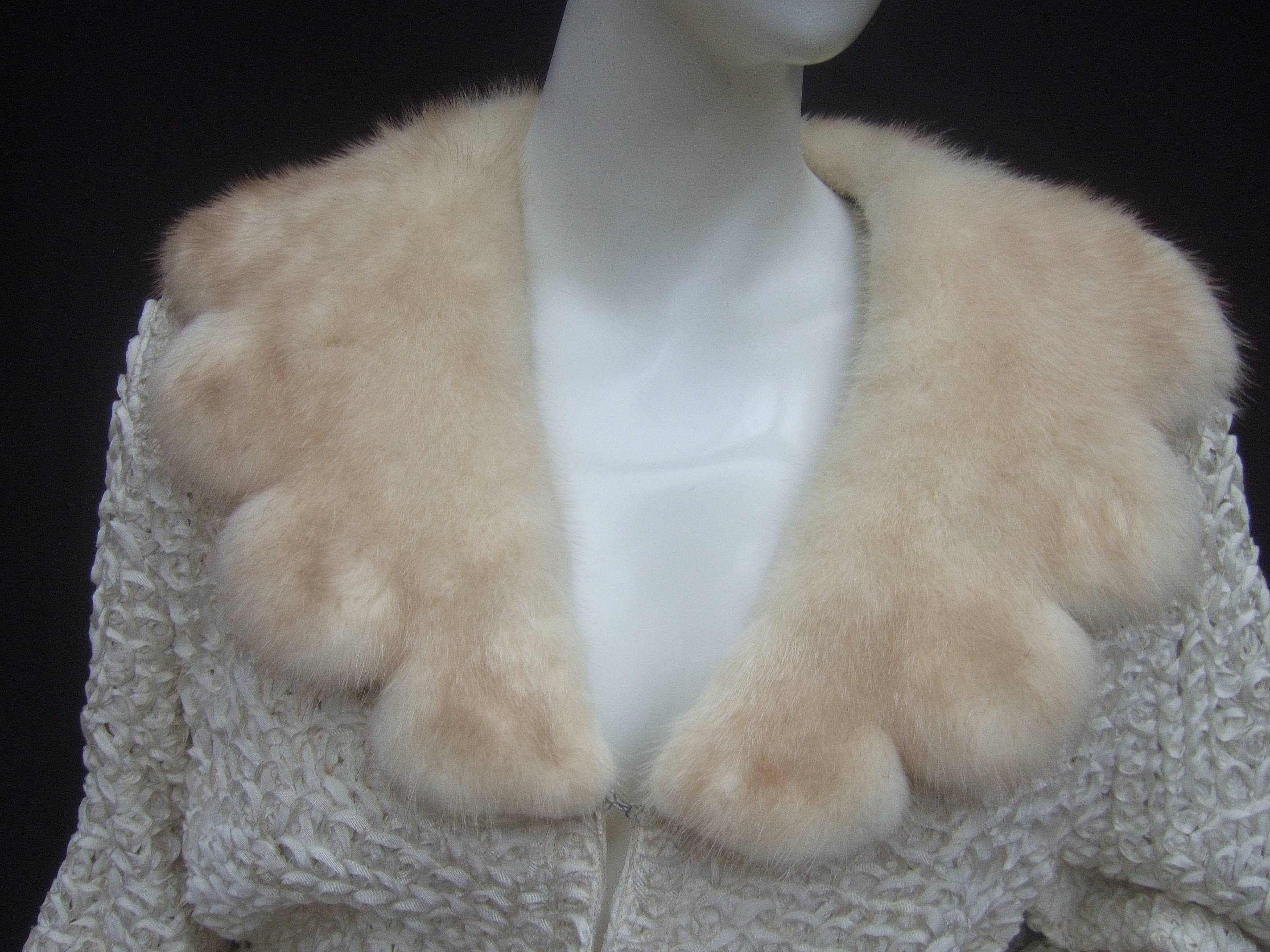 Opulent Mink Collar Ivory Ribbon Jacket c 1960 In Excellent Condition In University City, MO