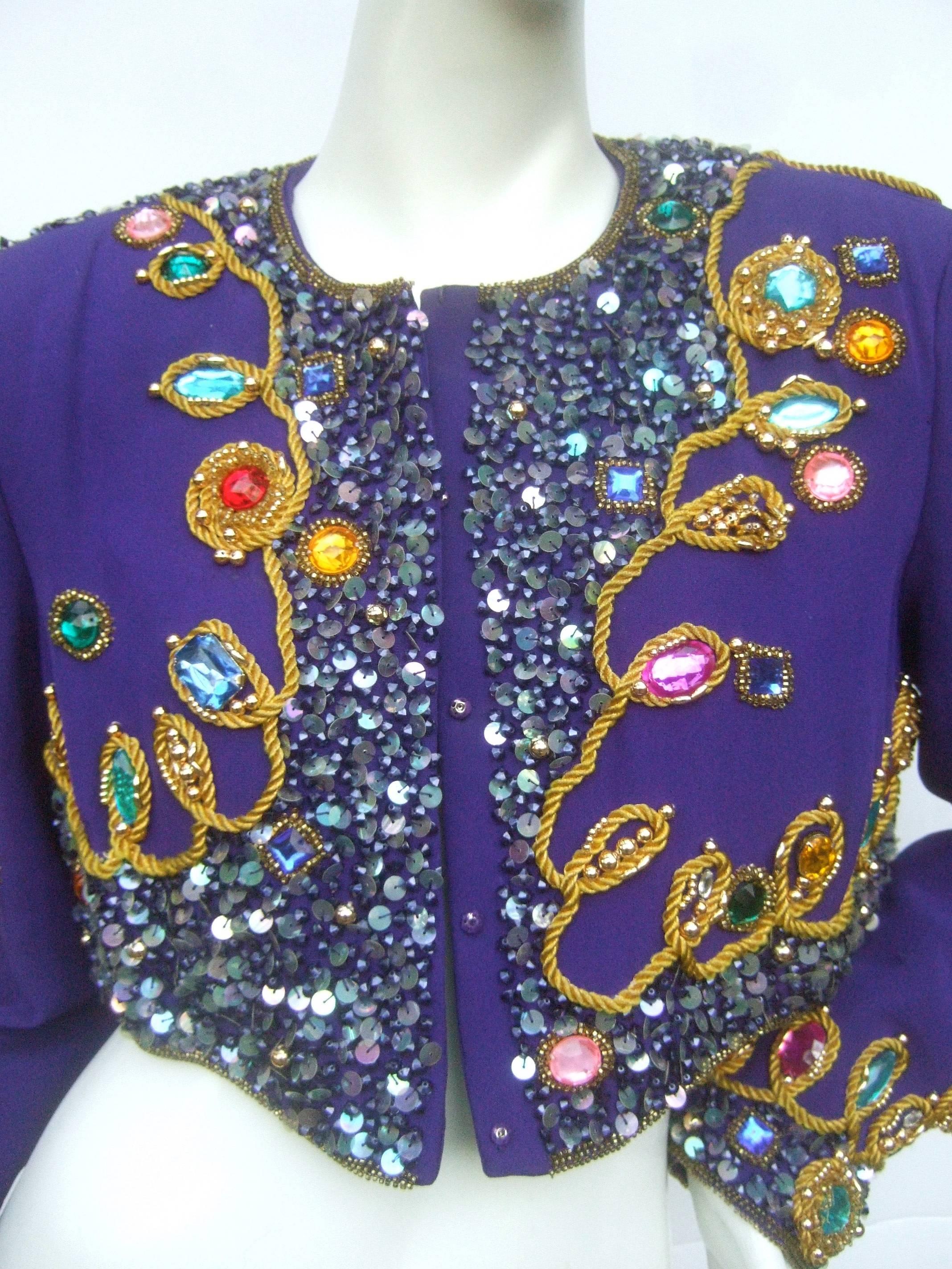 Spectacular Jewel Encrusted Violet Silk Bolero Jacket c 1980s In Excellent Condition In University City, MO