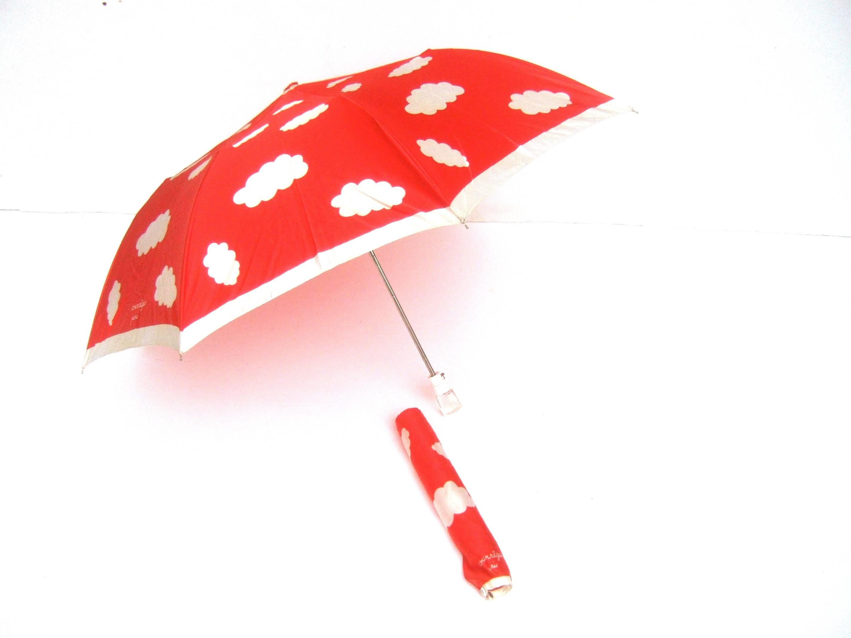 Red Courreges Paris Rare Mod Cloud Theme Umbrella c 1970s