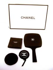 Chanel Black Lucite Hand Mirror & Chrome Compact Mirror