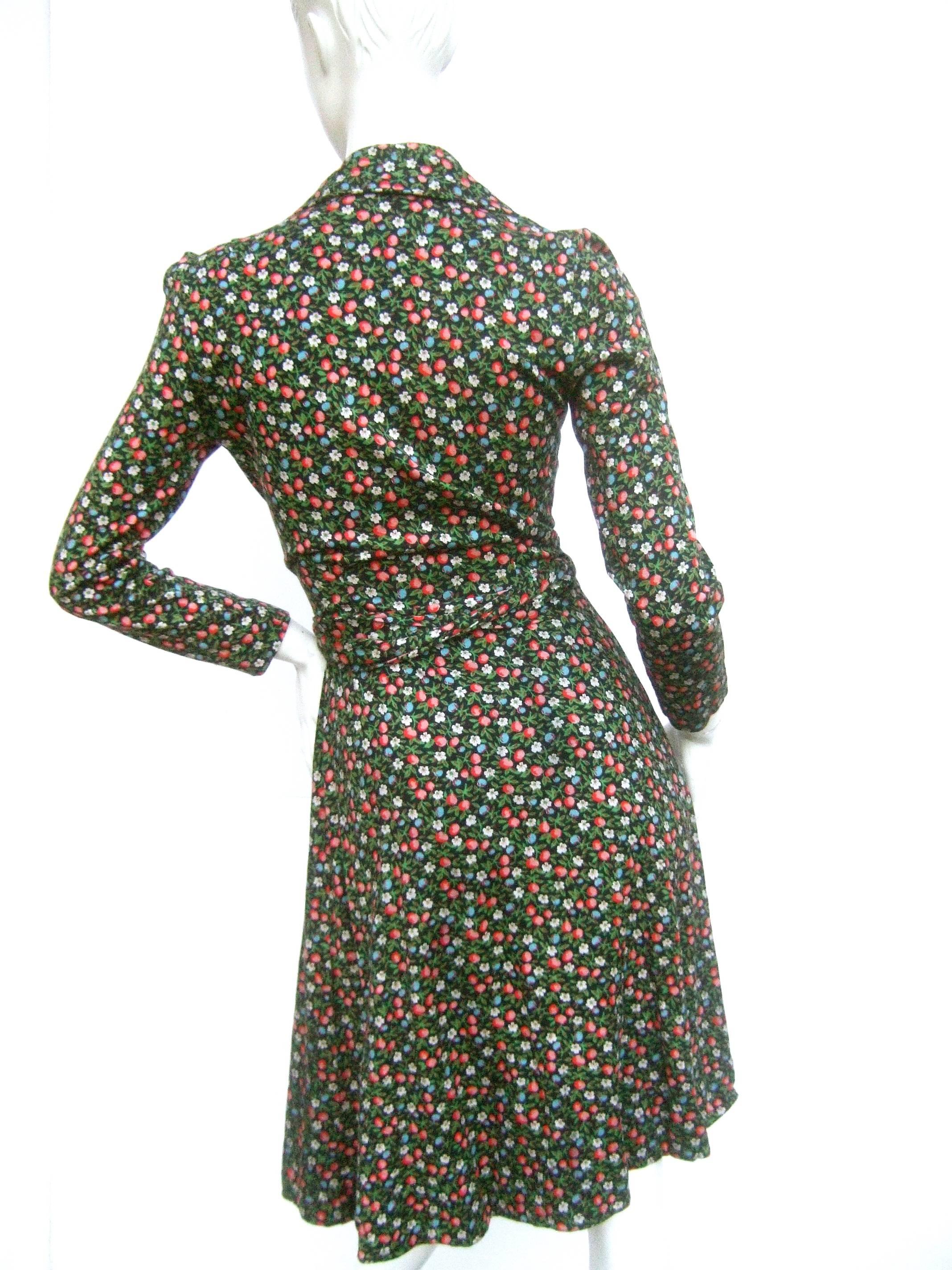 Black Diane von Furstenberg Iconic Floral Print Italian Wrap Dress c 1970s
