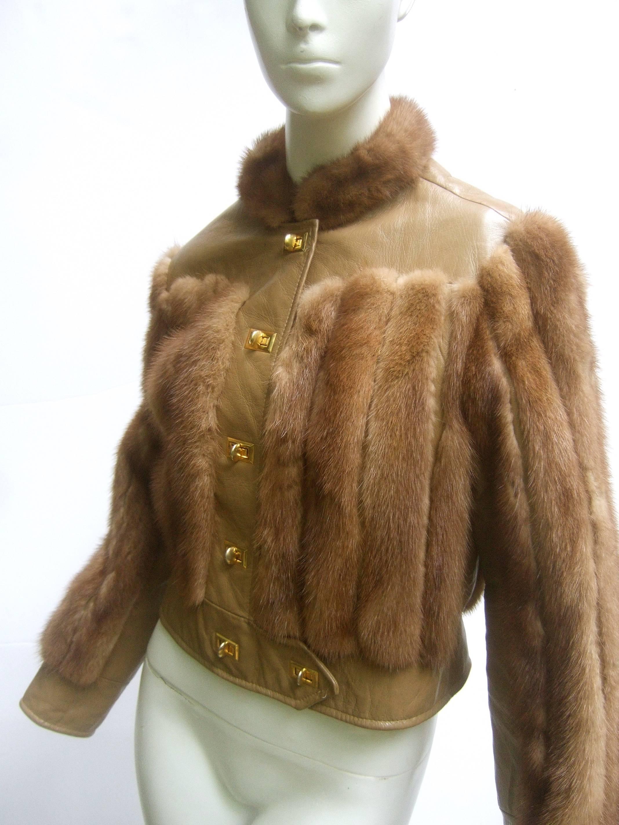 Brown Sale Mink & Leather Eisenhower Style Cropped Jacket c 1970s 