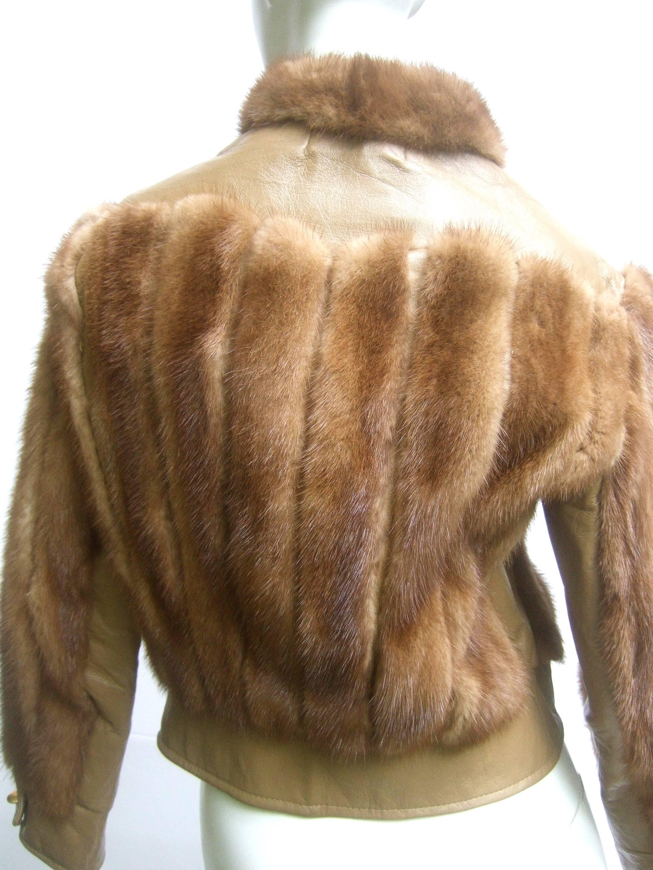 Sale Mink & Leather Eisenhower Style Cropped Jacket c 1970s  In Excellent Condition In University City, MO