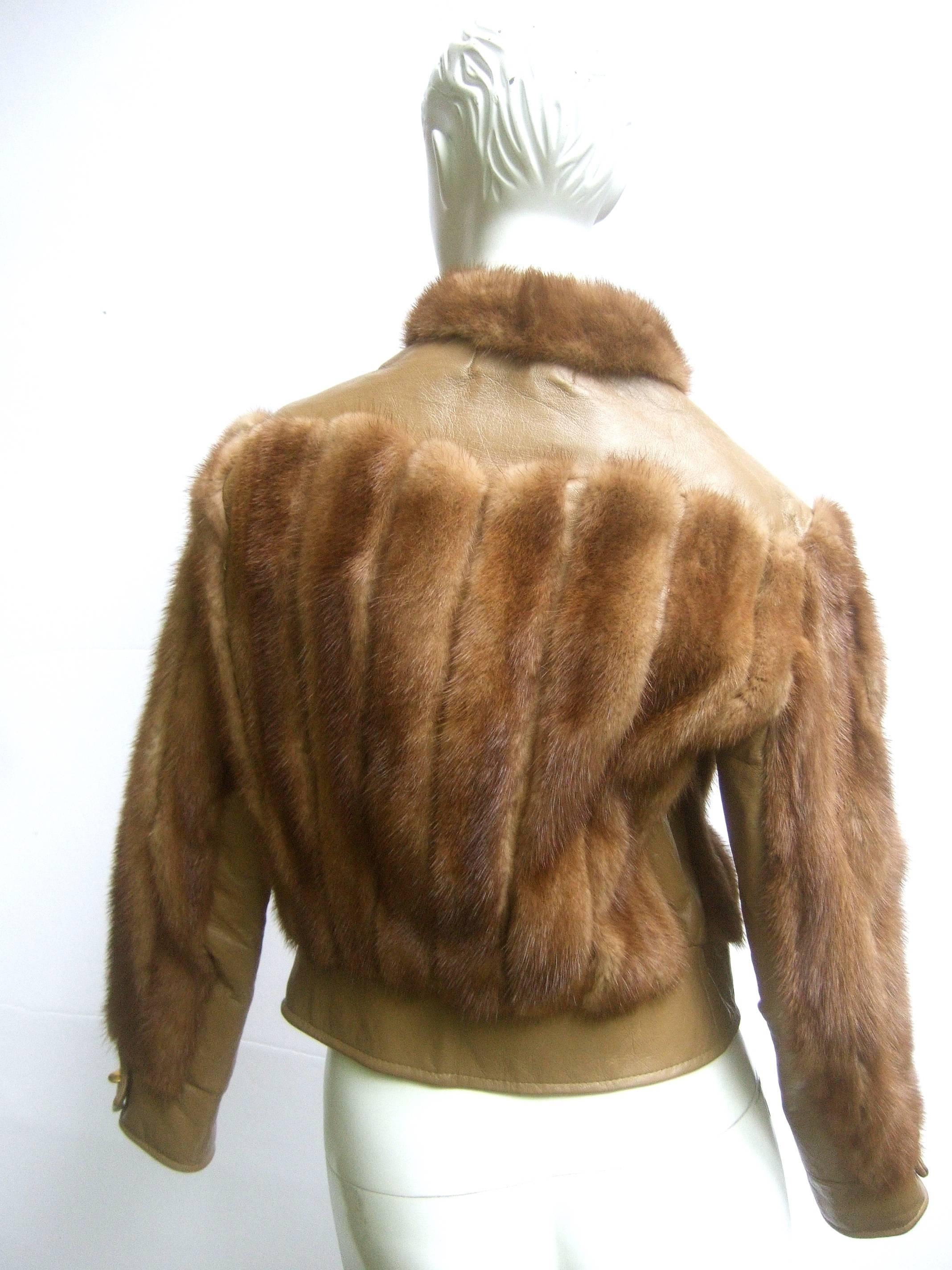 Sale Mink & Leather Eisenhower Style Cropped Jacket c 1970s  1