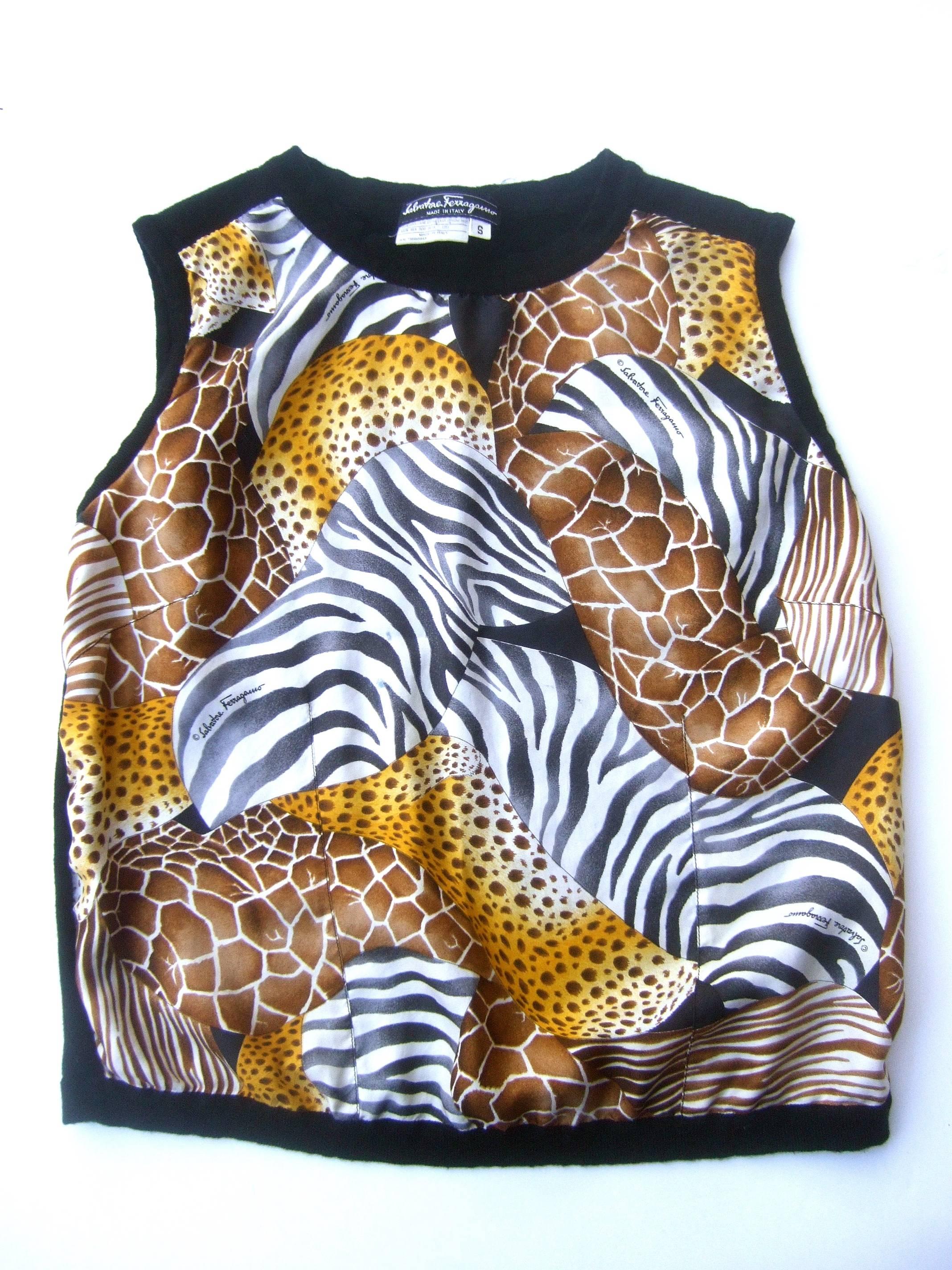 Salvatore Ferragamo exotic jungle print silk & wool shell 
The stylish Italian top is illustrated with vibrant silk animal
prints; zebra, tiger & alligator hides on the front side

Ferragamo's script signature is concealed 
within the jungle