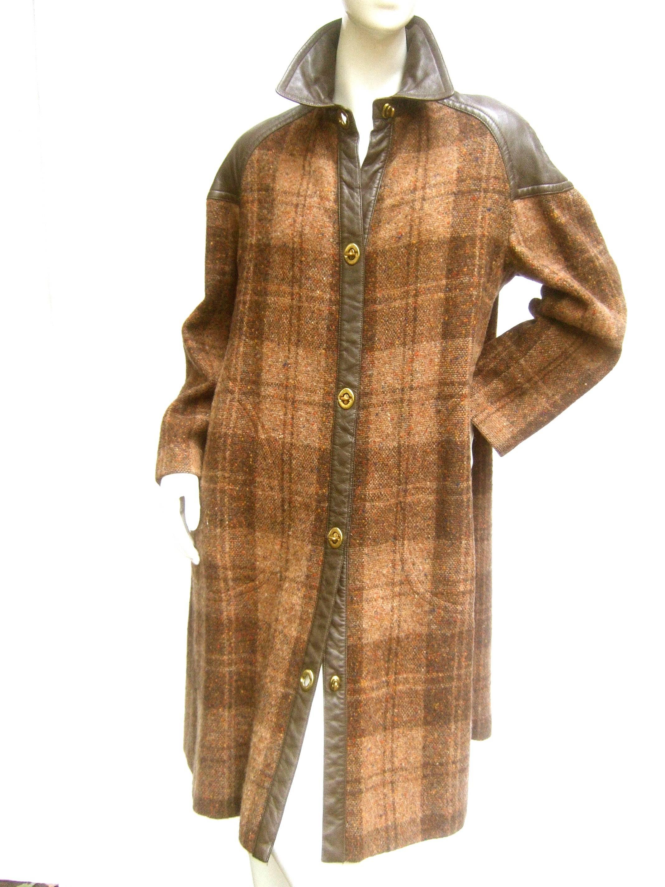 1970s Brown Plaid Leather Trim Wool Coat  1