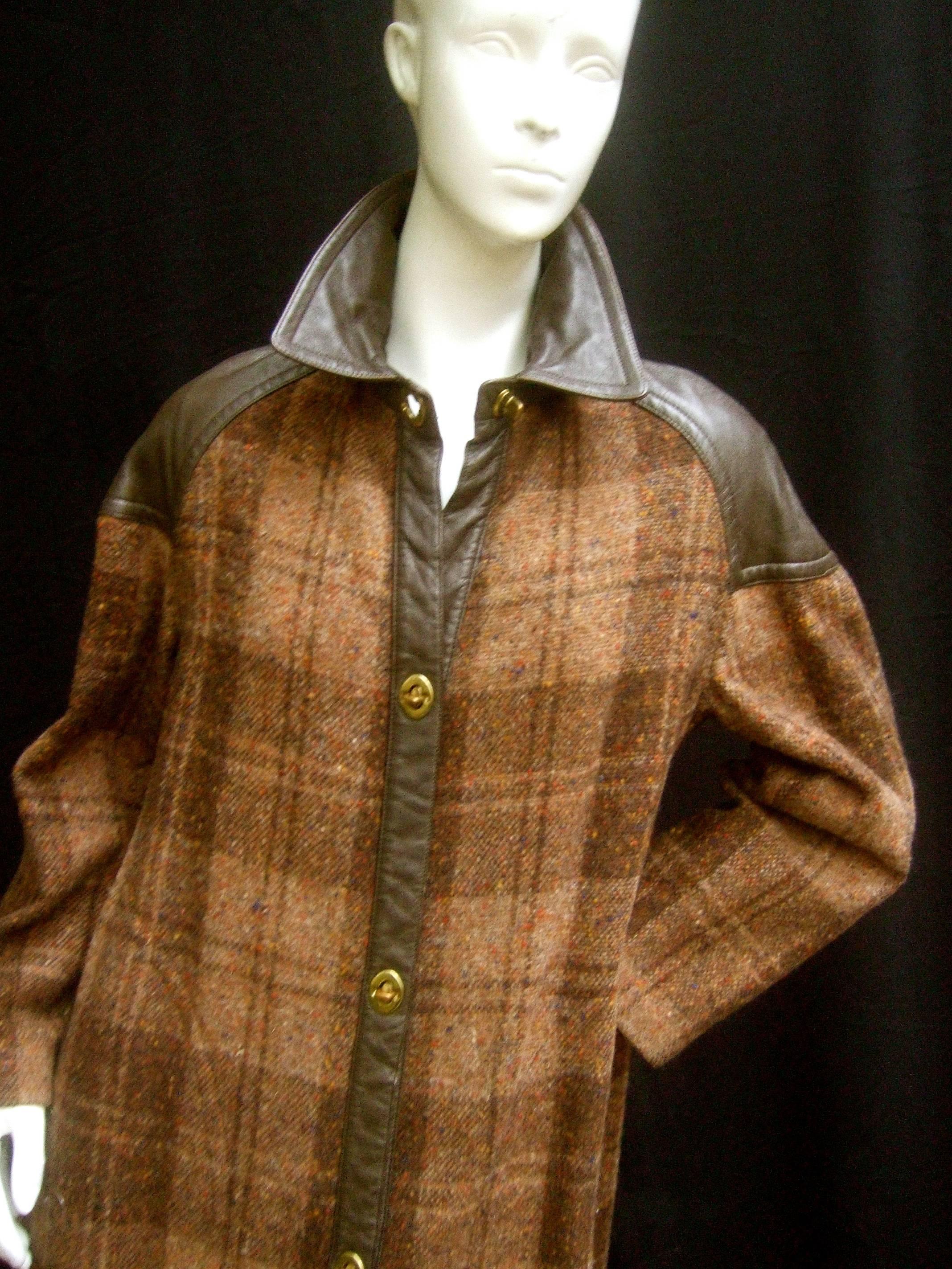 1970s Brown Plaid Leather Trim Wool Coat  In Excellent Condition In University City, MO