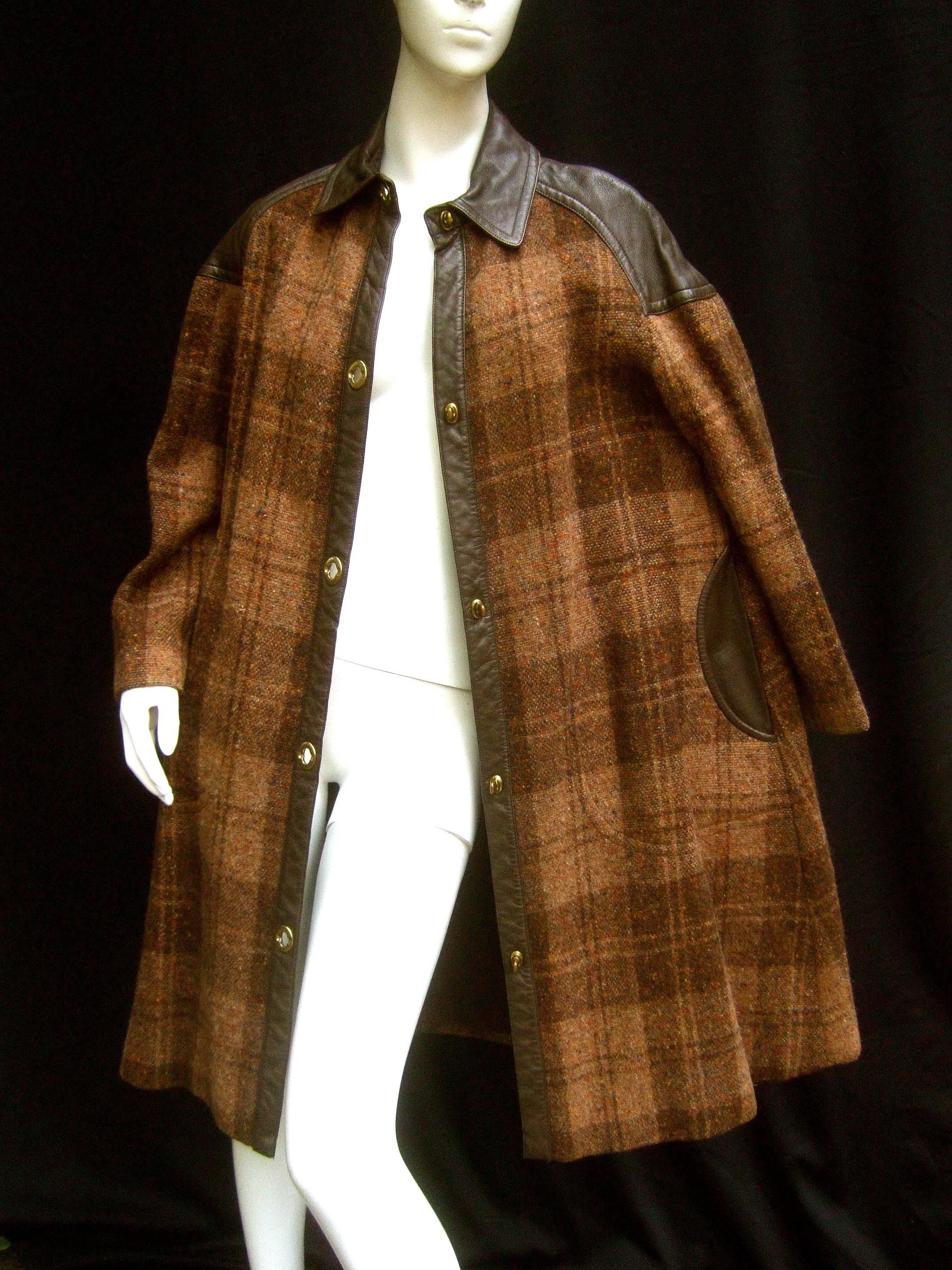 Women's 1970s Brown Plaid Leather Trim Wool Coat 