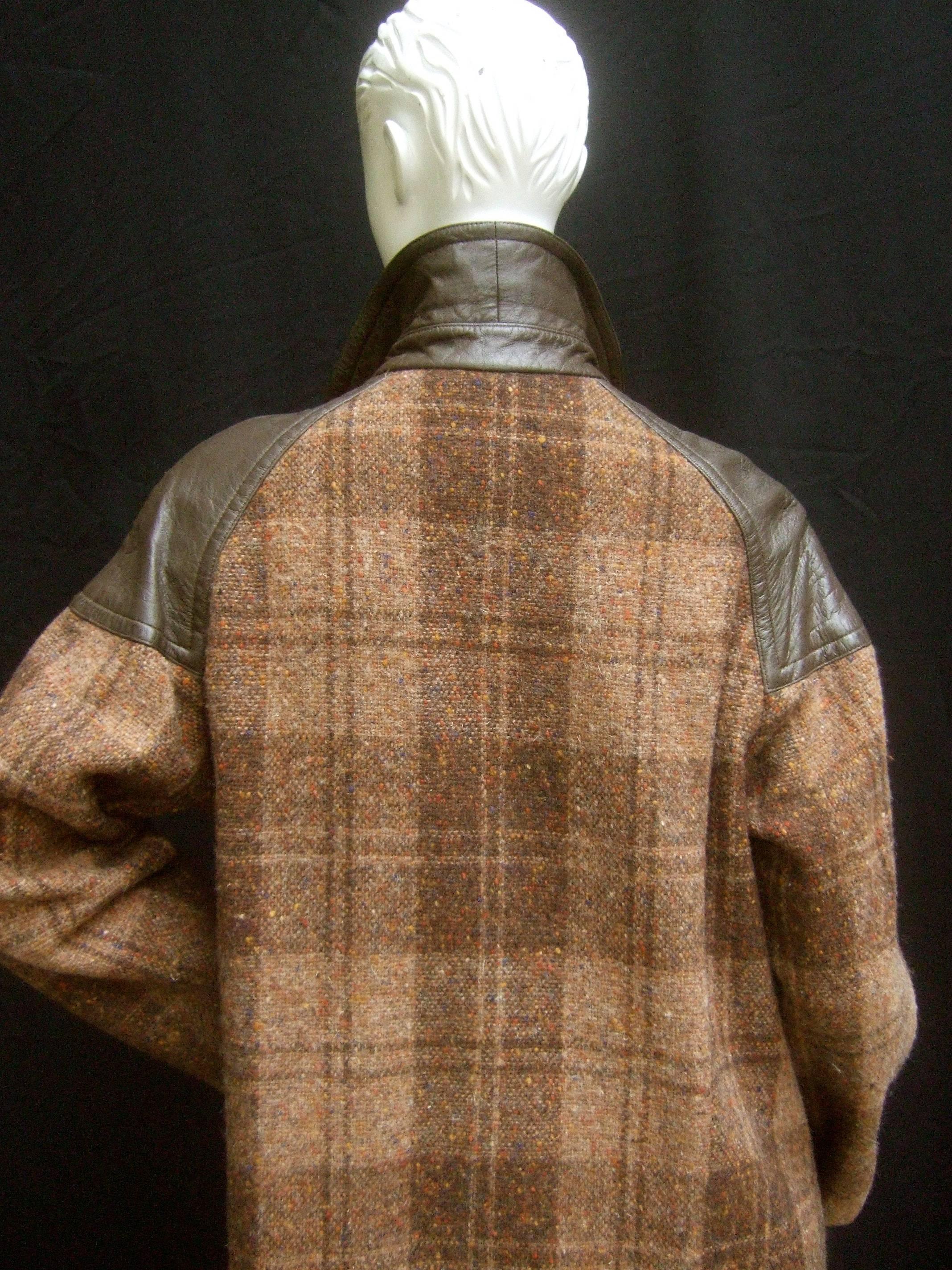 1970s Brown Plaid Leather Trim Wool Coat  4