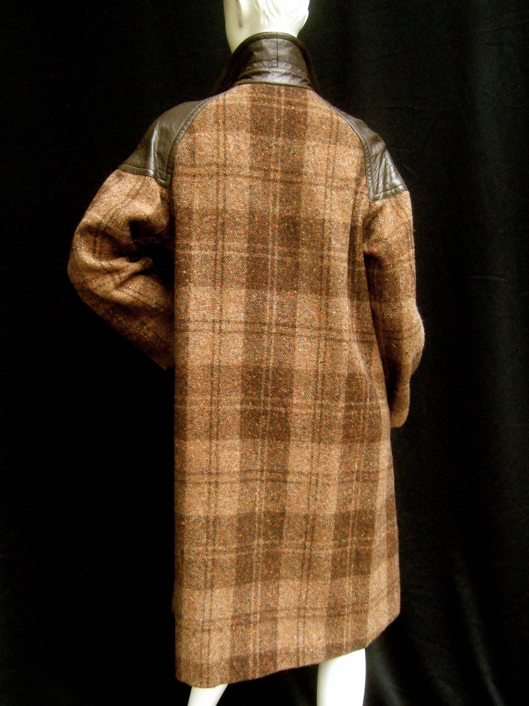 1970s Brown Plaid Leather Trim Wool Coat  5