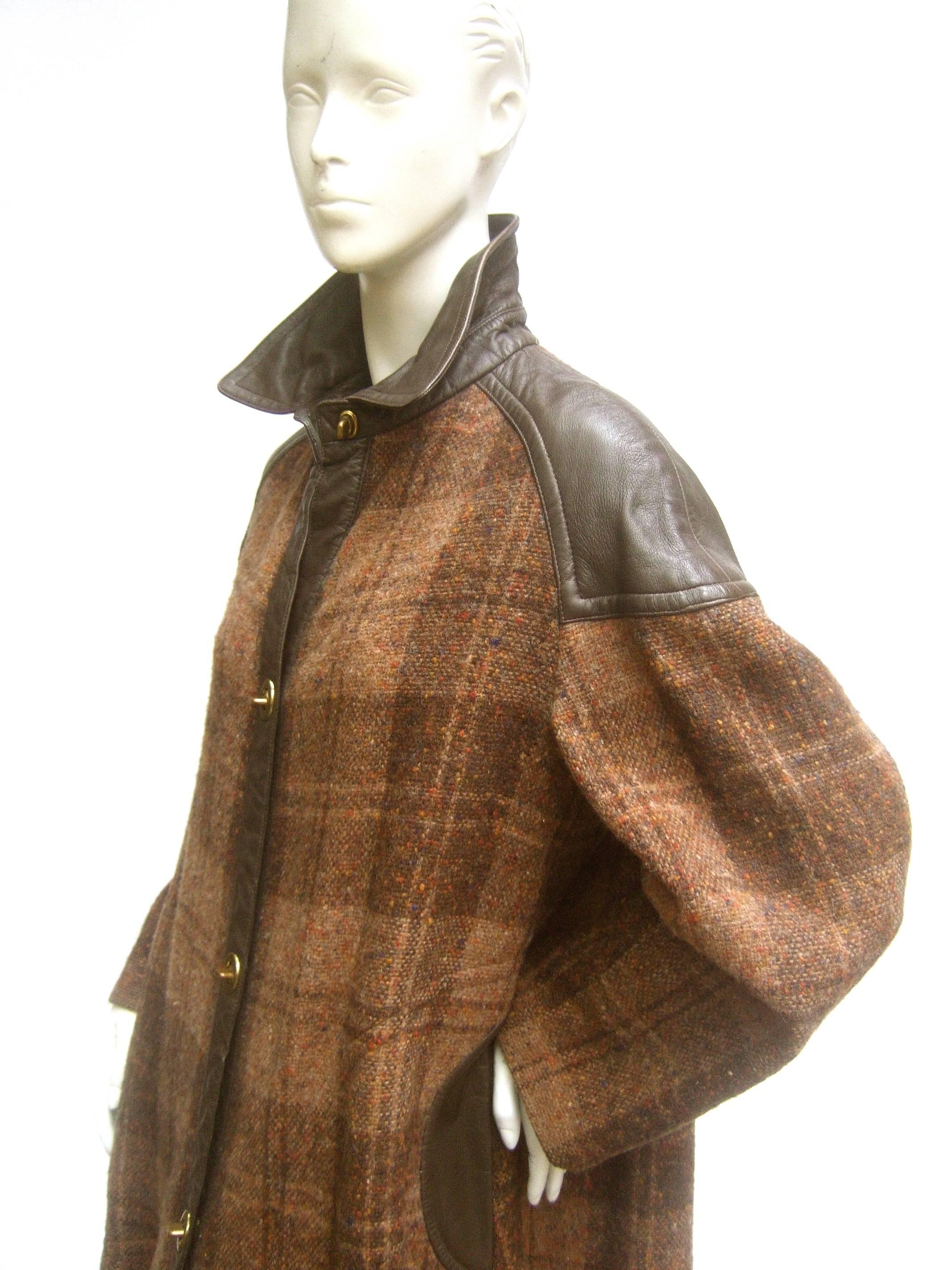 1970s Brown Plaid Leather Trim Wool Coat  2