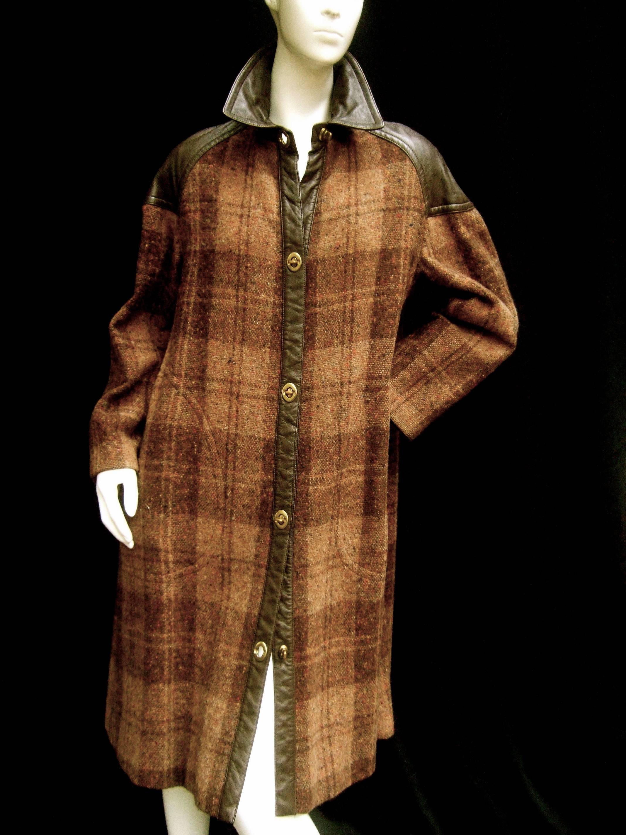 1970s Brown Plaid Leather Trim Wool Coat  6