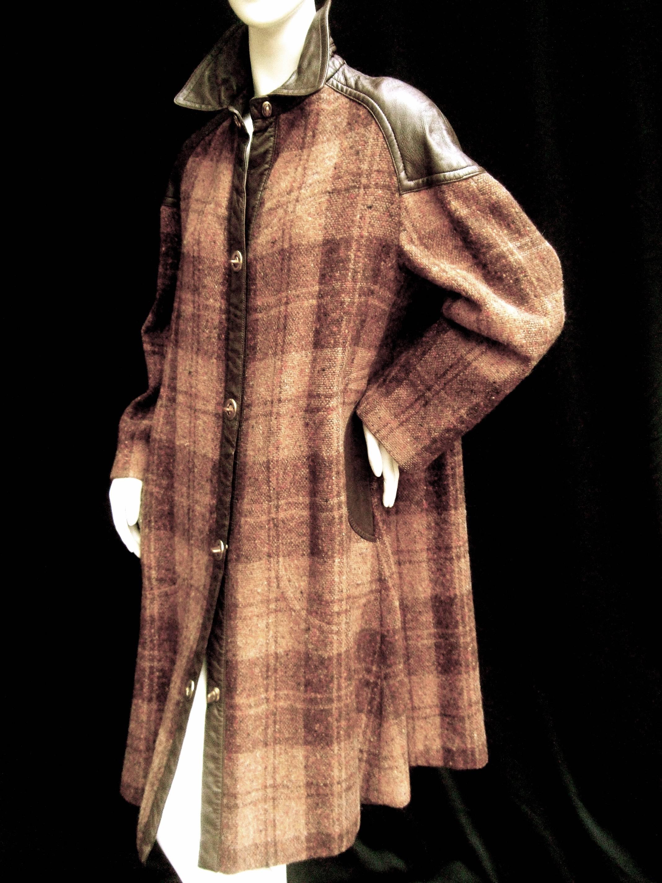 1970s Brown Plaid Leather Trim Wool Coat  3