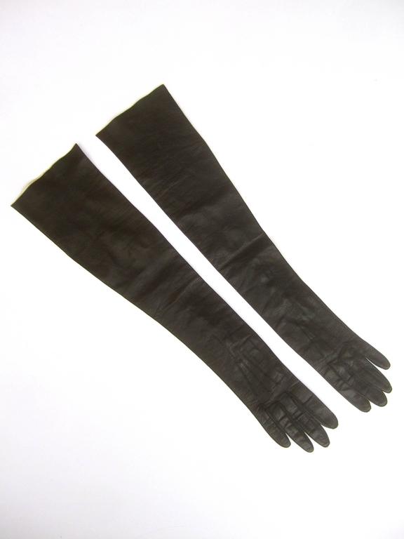 Sleek Ebony Opera Length Kid Skin Leather Gloves c 1970s at 1stDibs