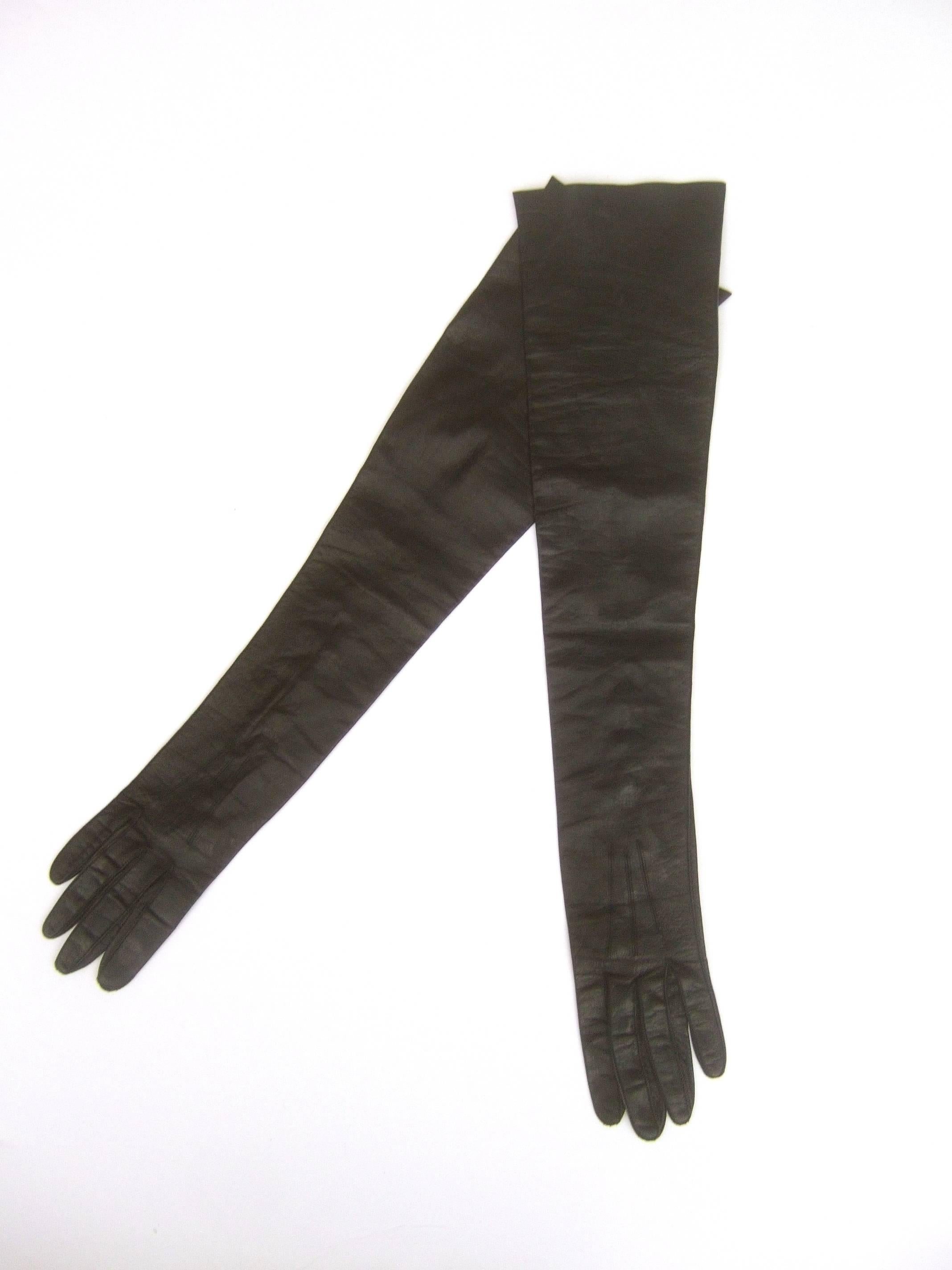 Black Sleek Ebony Opera Length Kid Skin Leather Gloves c 1970s