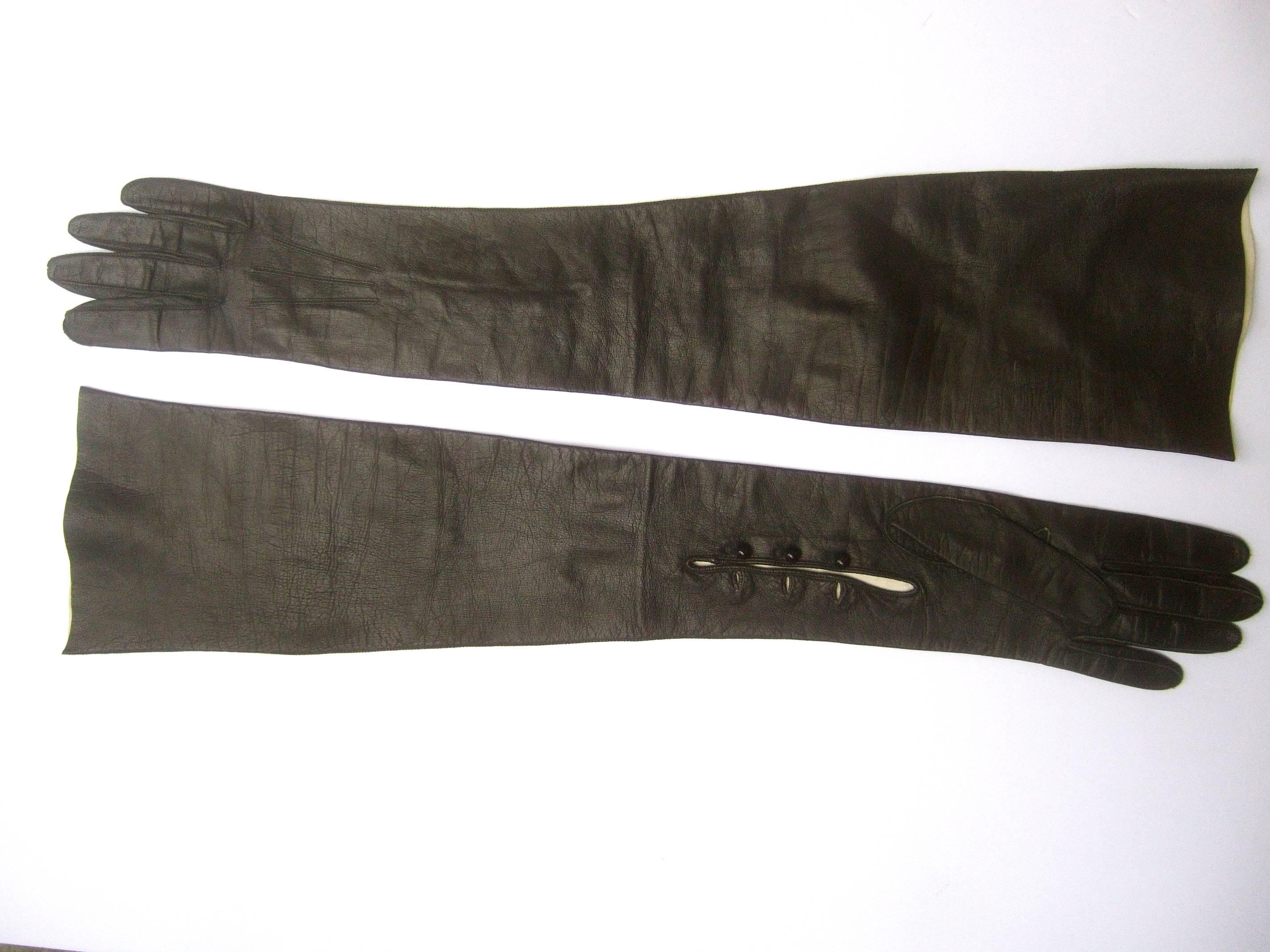 Sleek Ebony Opera Length Kid Skin Leather Gloves c 1970s 2