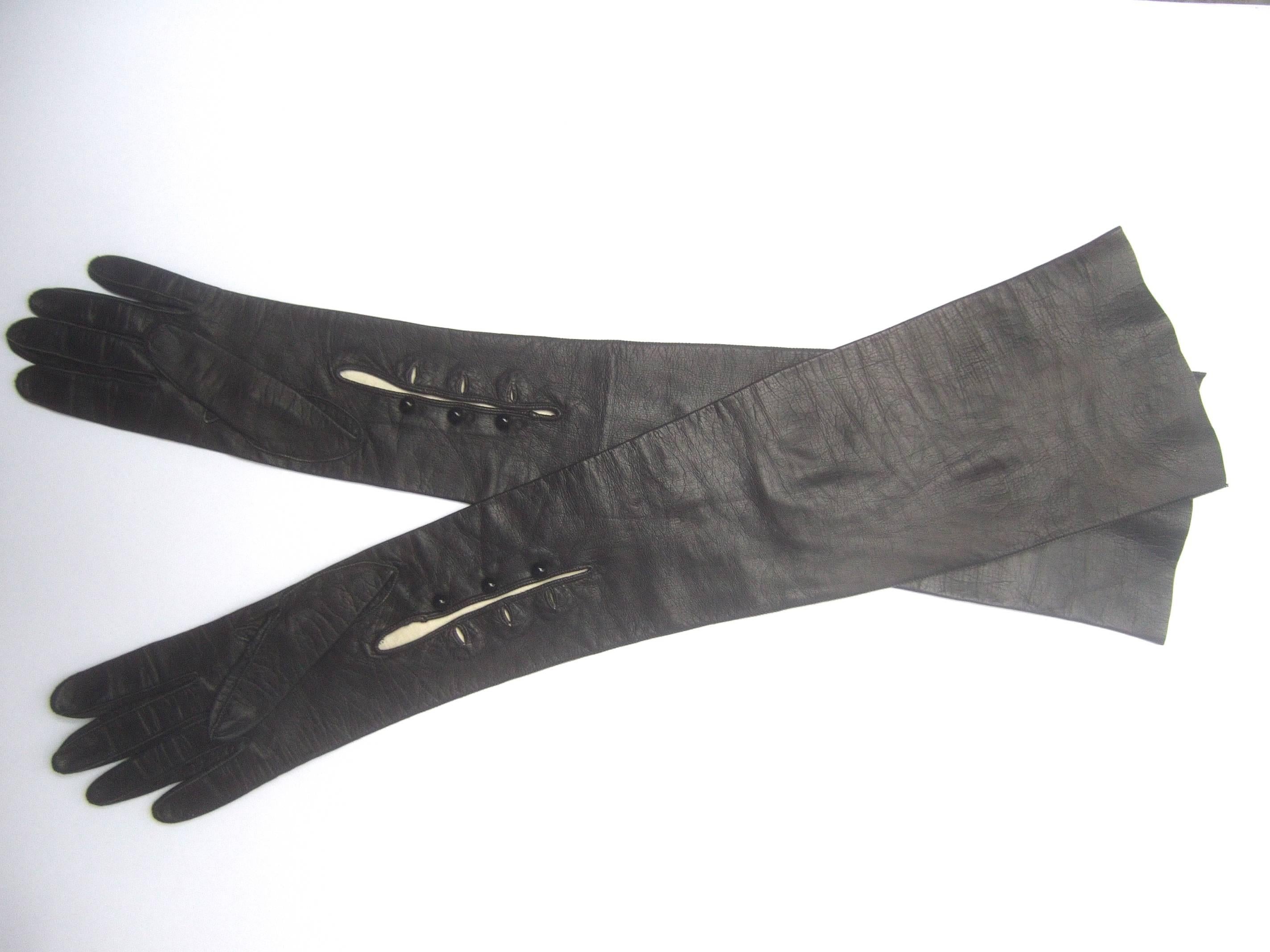 Women's Sleek Ebony Opera Length Kid Skin Leather Gloves c 1970s
