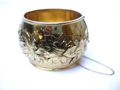 Whiting Davis Wide Gilt Metal Leaf Bracelet c 1970s