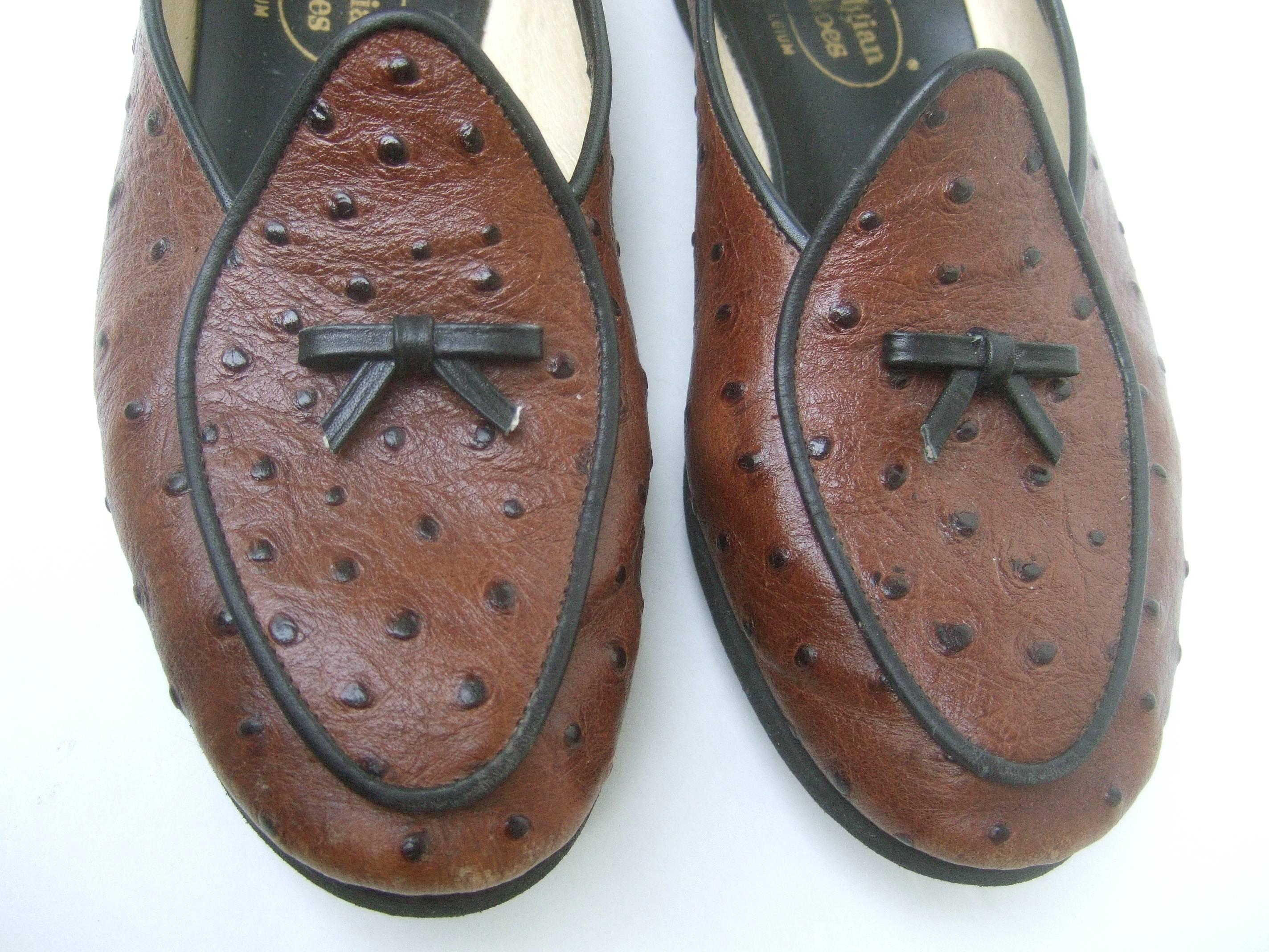 Belgian Classic Brown Ostrich Leather Loafers ca 1980s 1