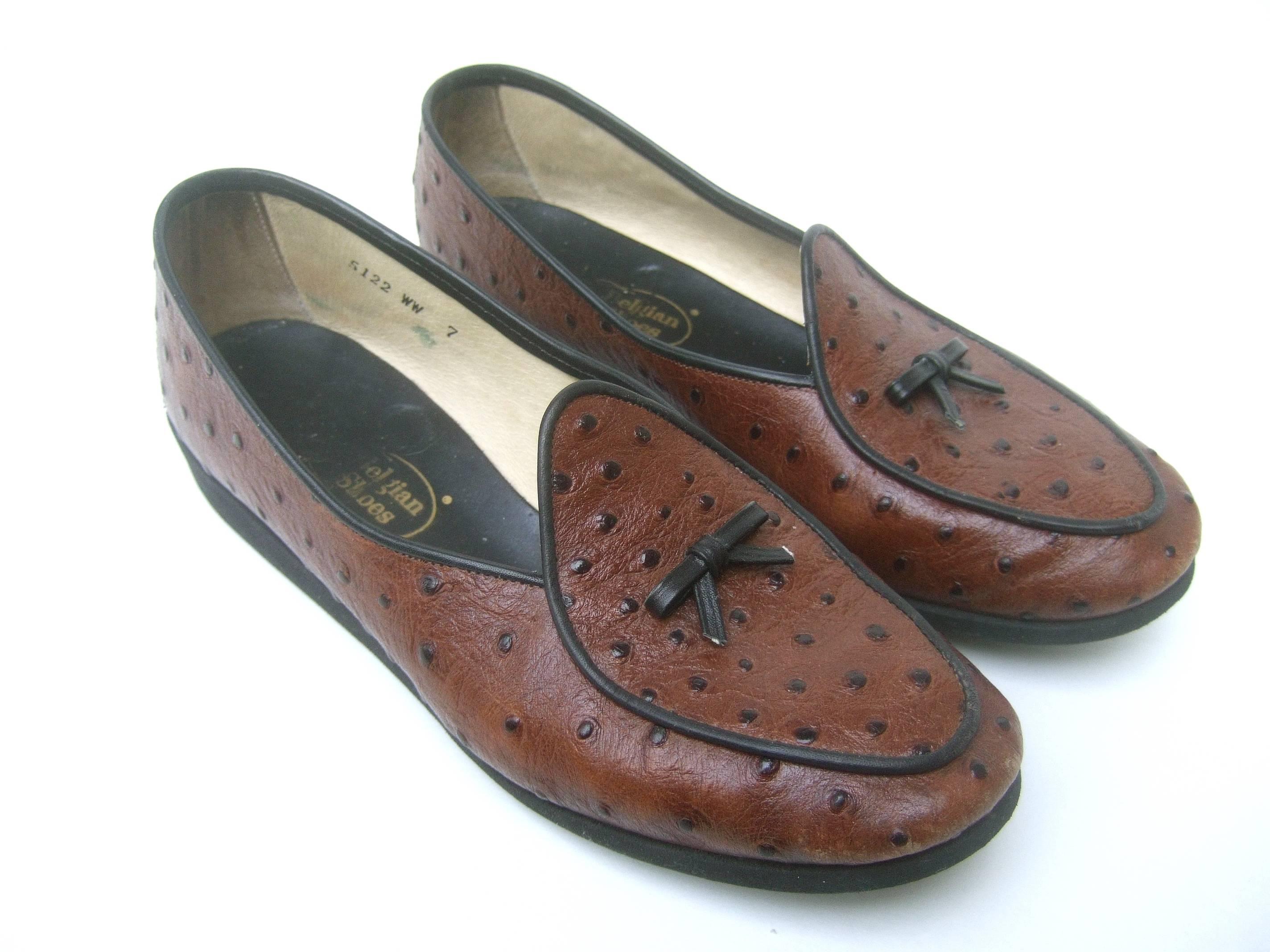 Gray Belgian Classic Brown Ostrich Leather Loafers ca 1980s