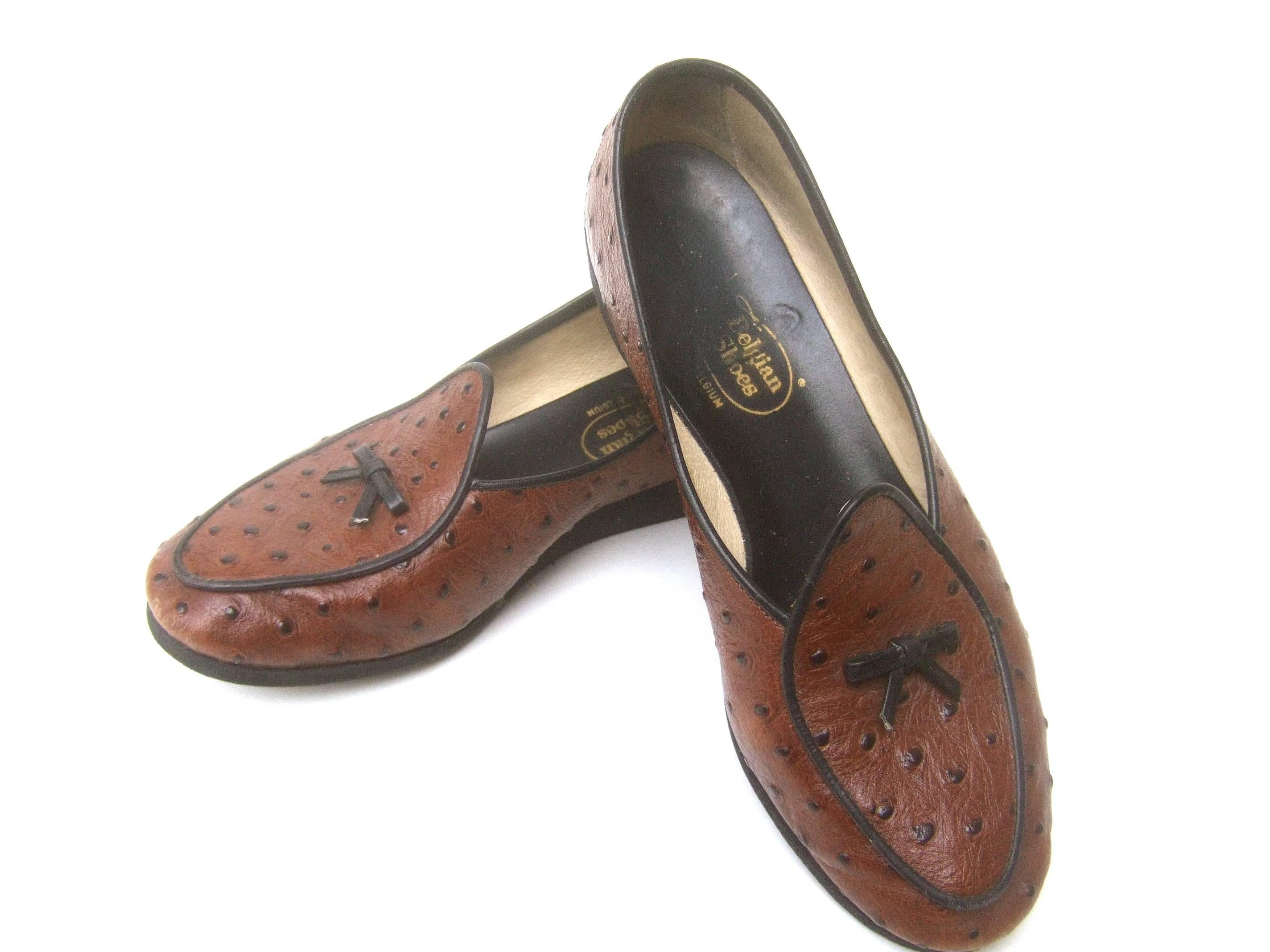 Belgian Classic Brown Ostrich Leather Loafers ca 1980s 2