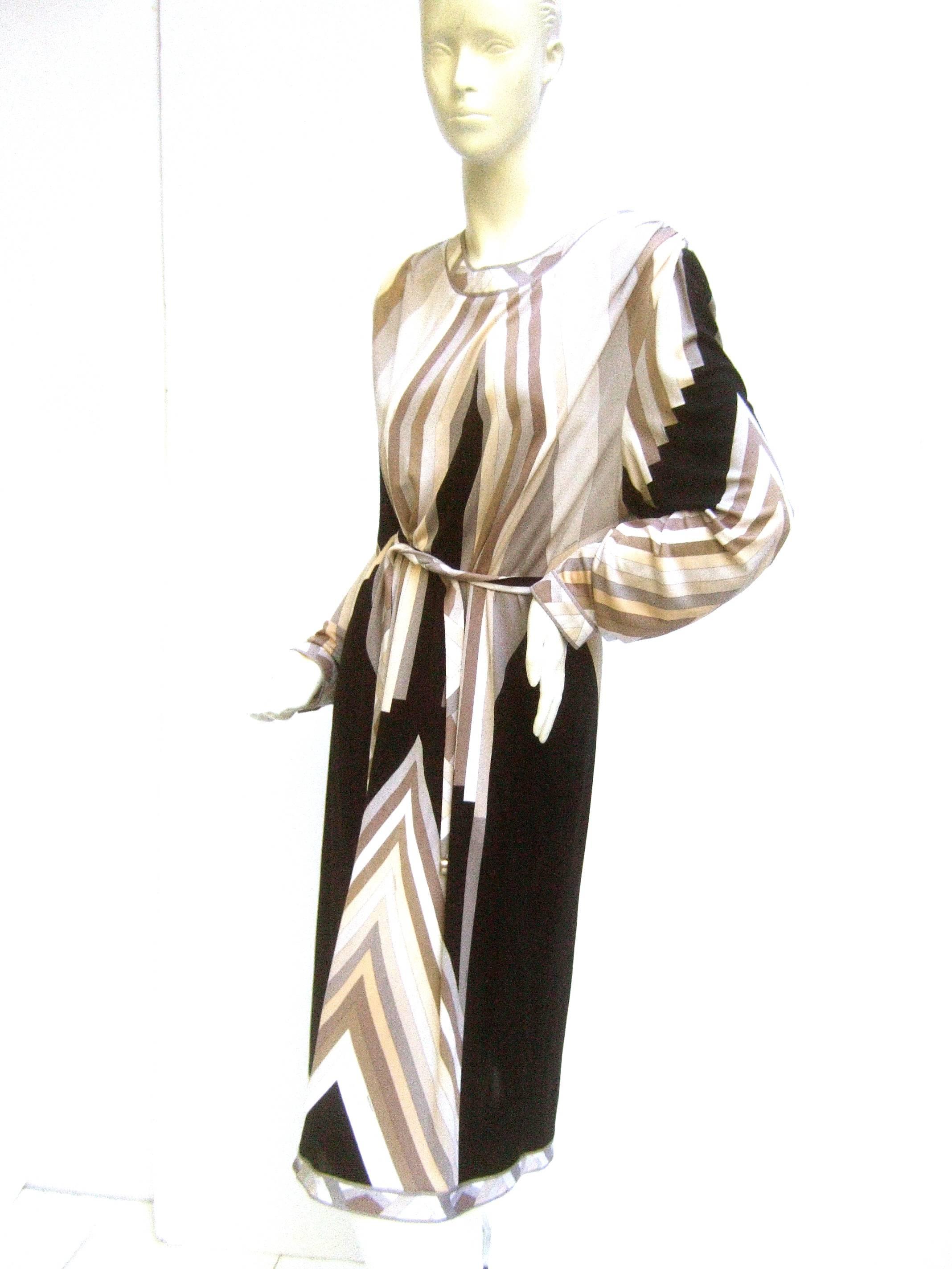 Beige Leonard Paris Silk Jersey Architectural Print Dress c 1990