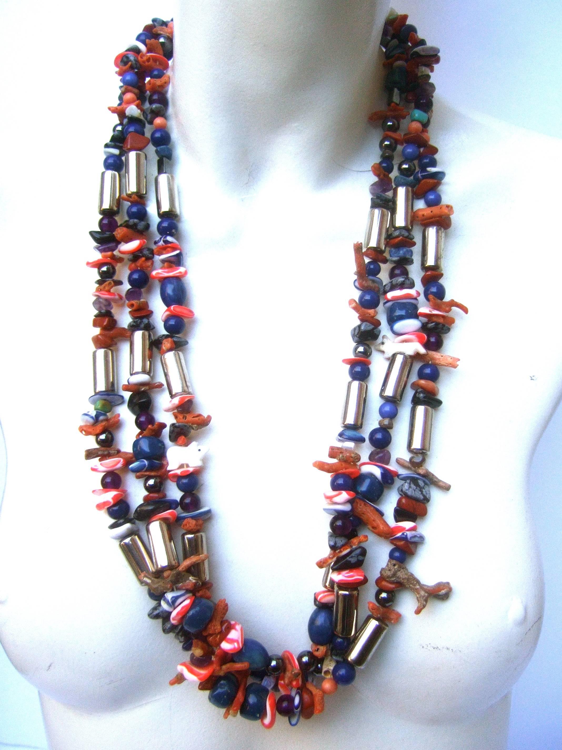 Exotic Artisan Coral & Lapis Semi Precious Statement Necklace  In Excellent Condition For Sale In University City, MO