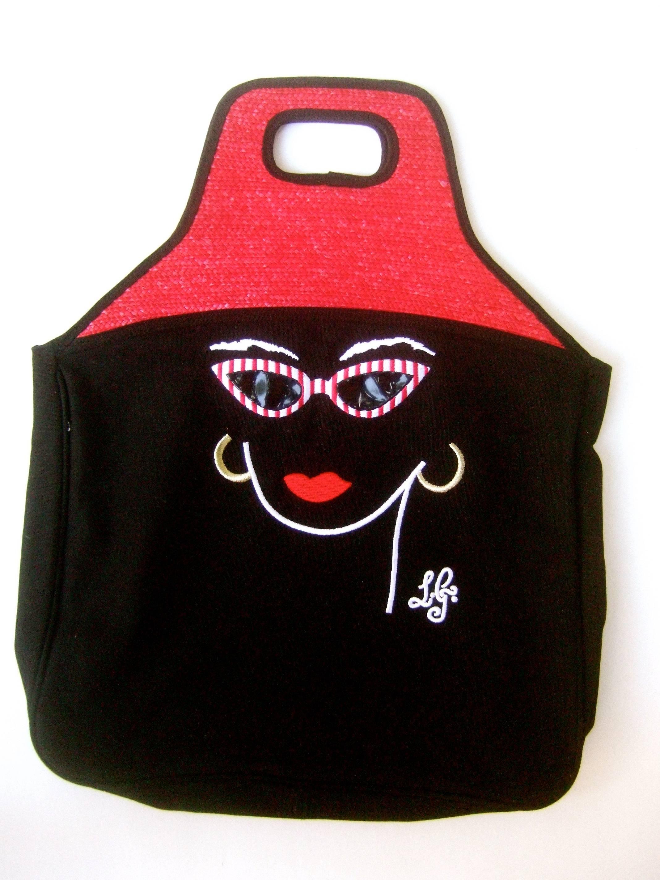 Black Lulu Guinness London Whimsical Canvas Straw Tote Bag For Sale