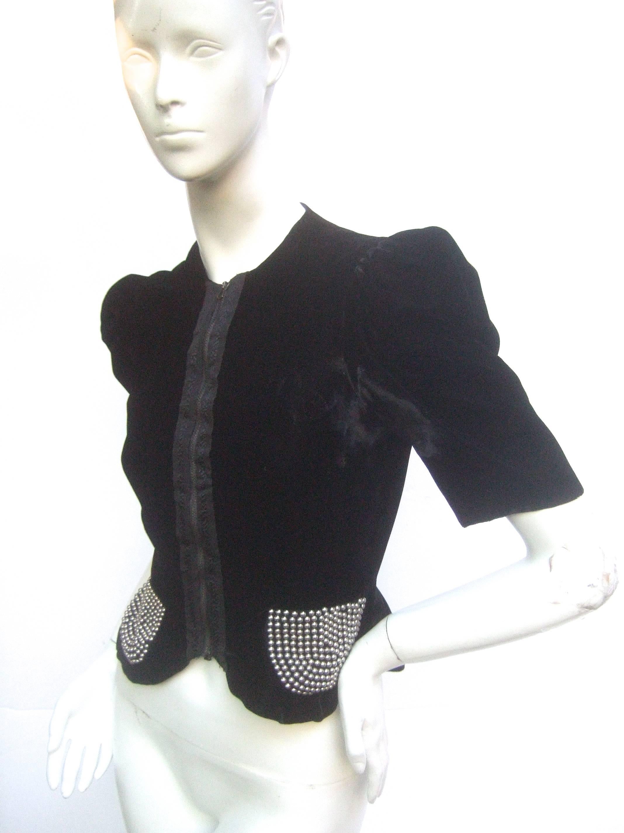 Saks Fifth Avenue Black Silk Velvet Grommet Jacket ca 1960  In Good Condition In University City, MO