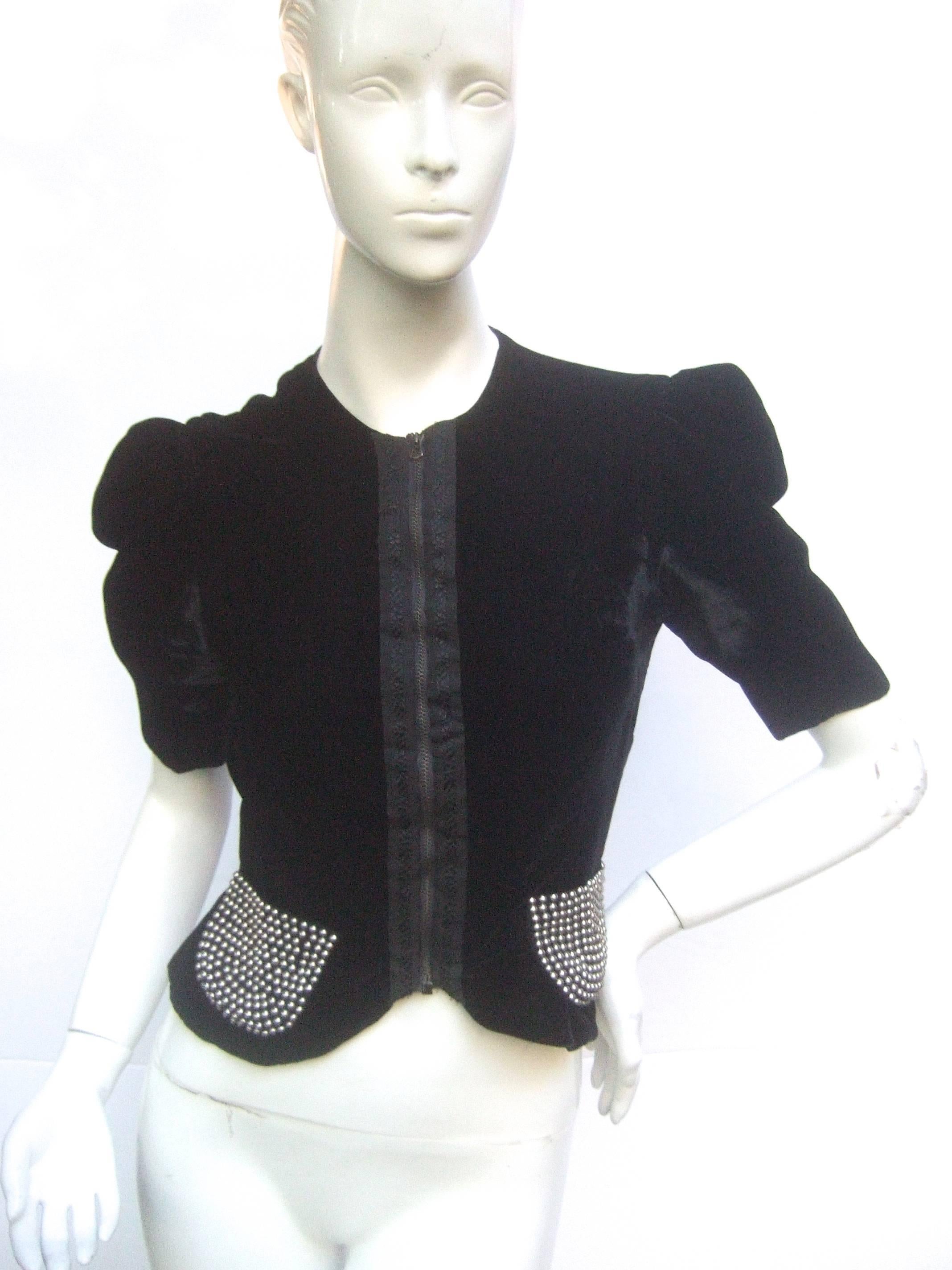 Women's Saks Fifth Avenue Black Silk Velvet Grommet Jacket ca 1960 