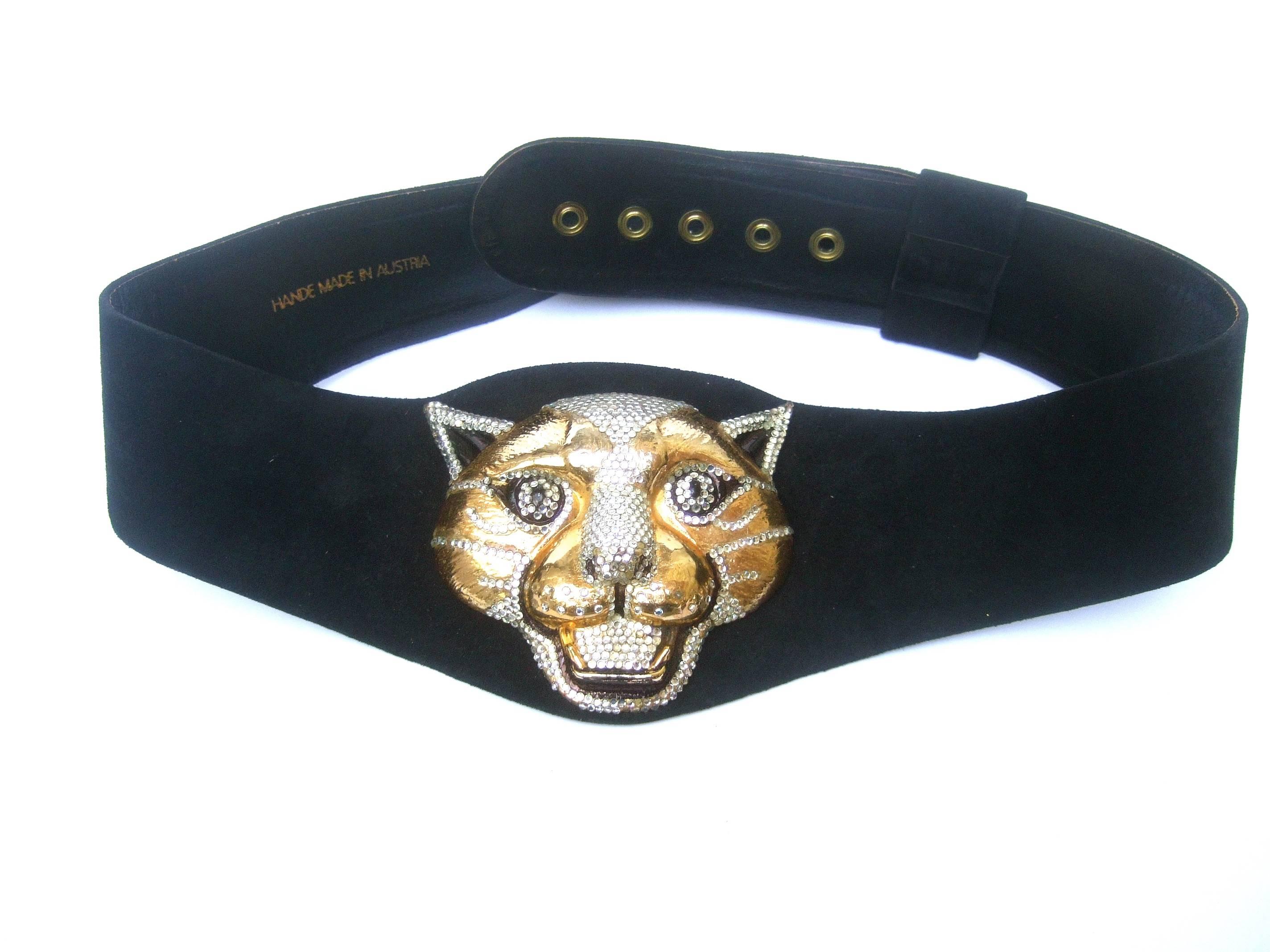 Women's Spectacular Massive Jeweled Suede Panther Buckle Belt c 1970 For Sale