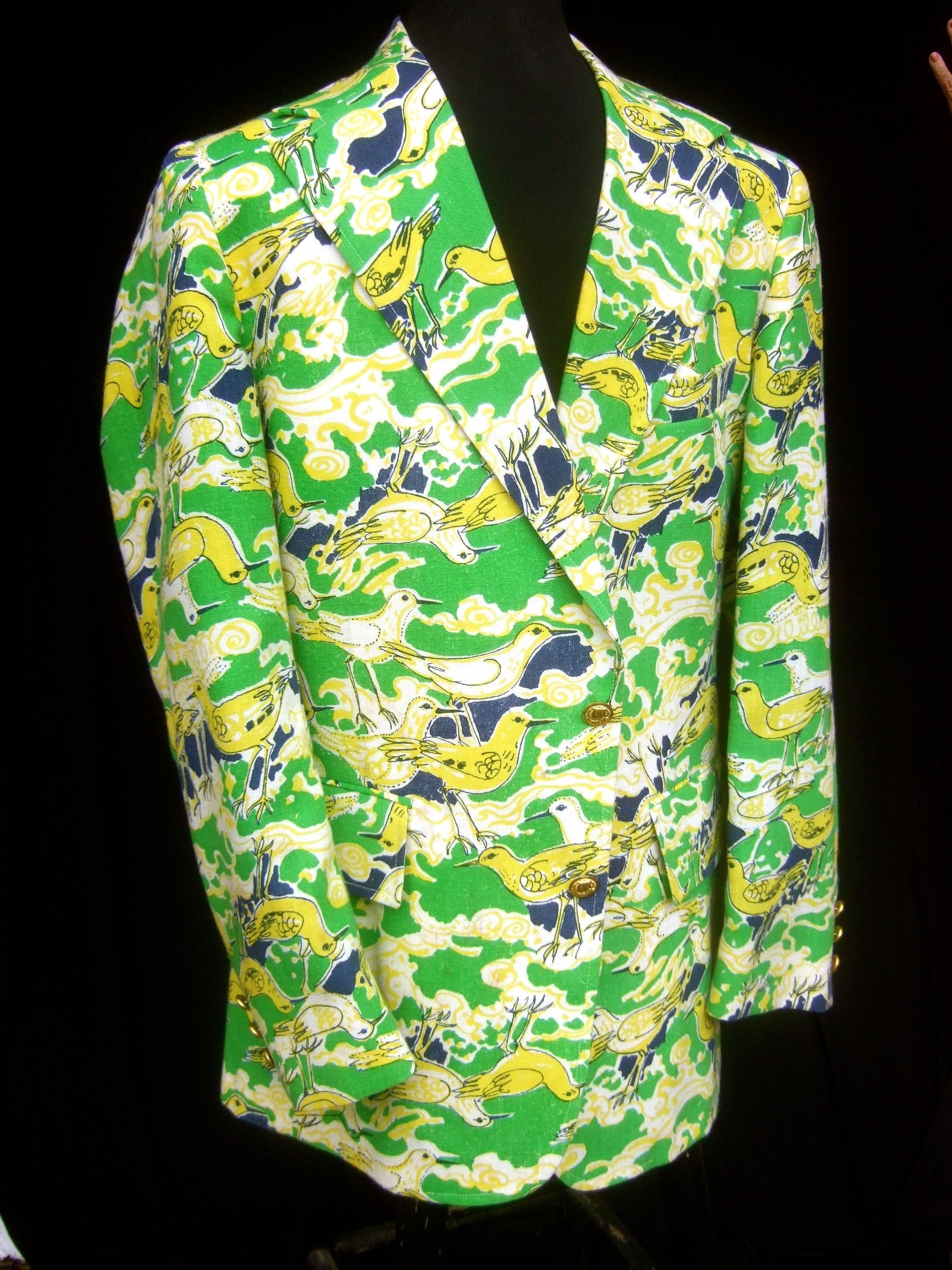Lilly Pulitzer Men's whimsical seagull print jacket ca 1970
The resort style jacket is illustrated with flocks 
of seagulls surrounded with a vibrant green 
and electric yellow background

Lilly's script name is concealed within the vibrant
print