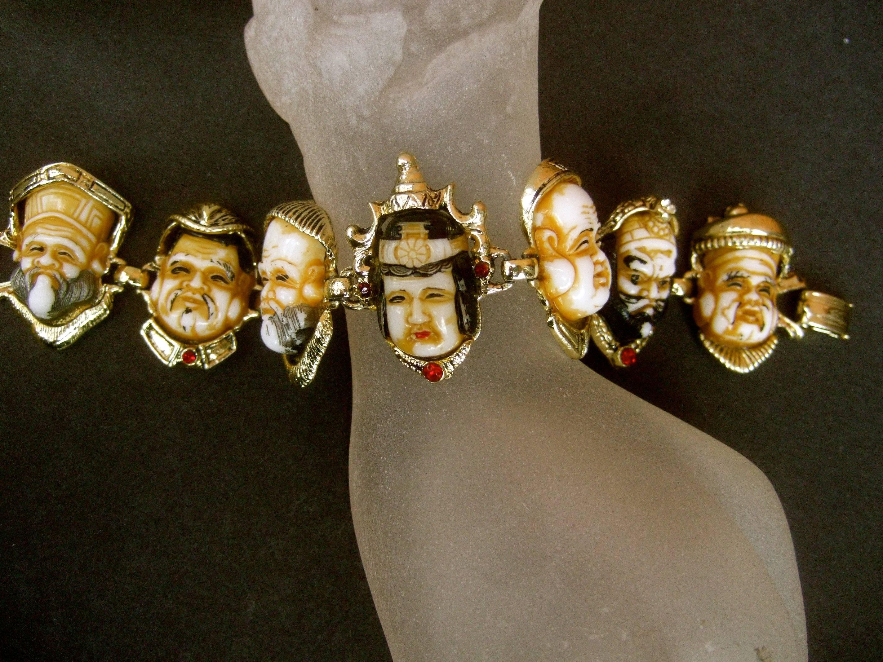 Exotic Seven Gods of Japan Resin Face Bracelet ca 1960 In Excellent Condition In University City, MO