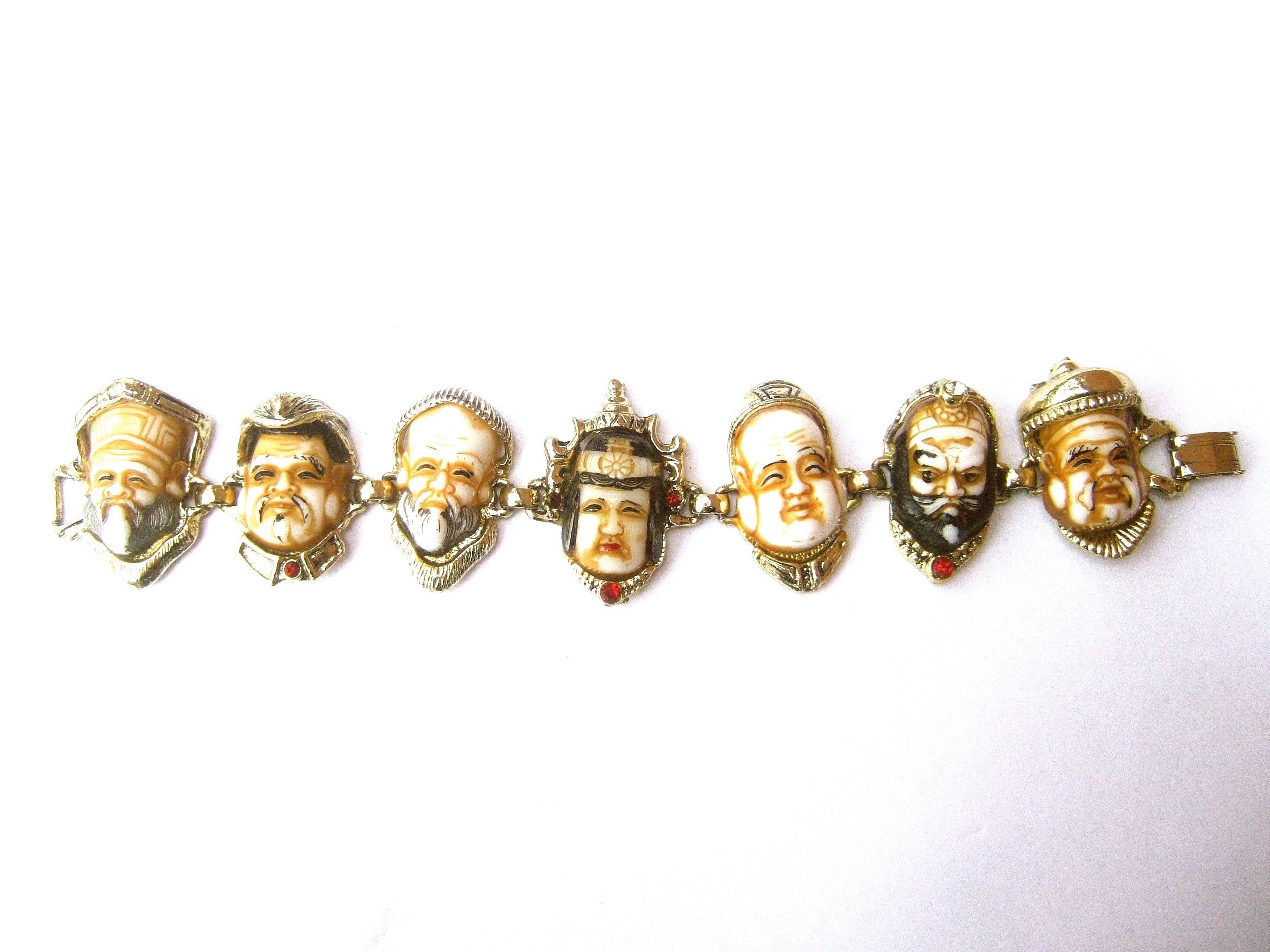 Exotic Seven Gods of Japan Resin Face Bracelet ca 1960 1