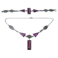 Art Deco Amethyst Color Crystal Glass Necklace & Bracelet c 1930s