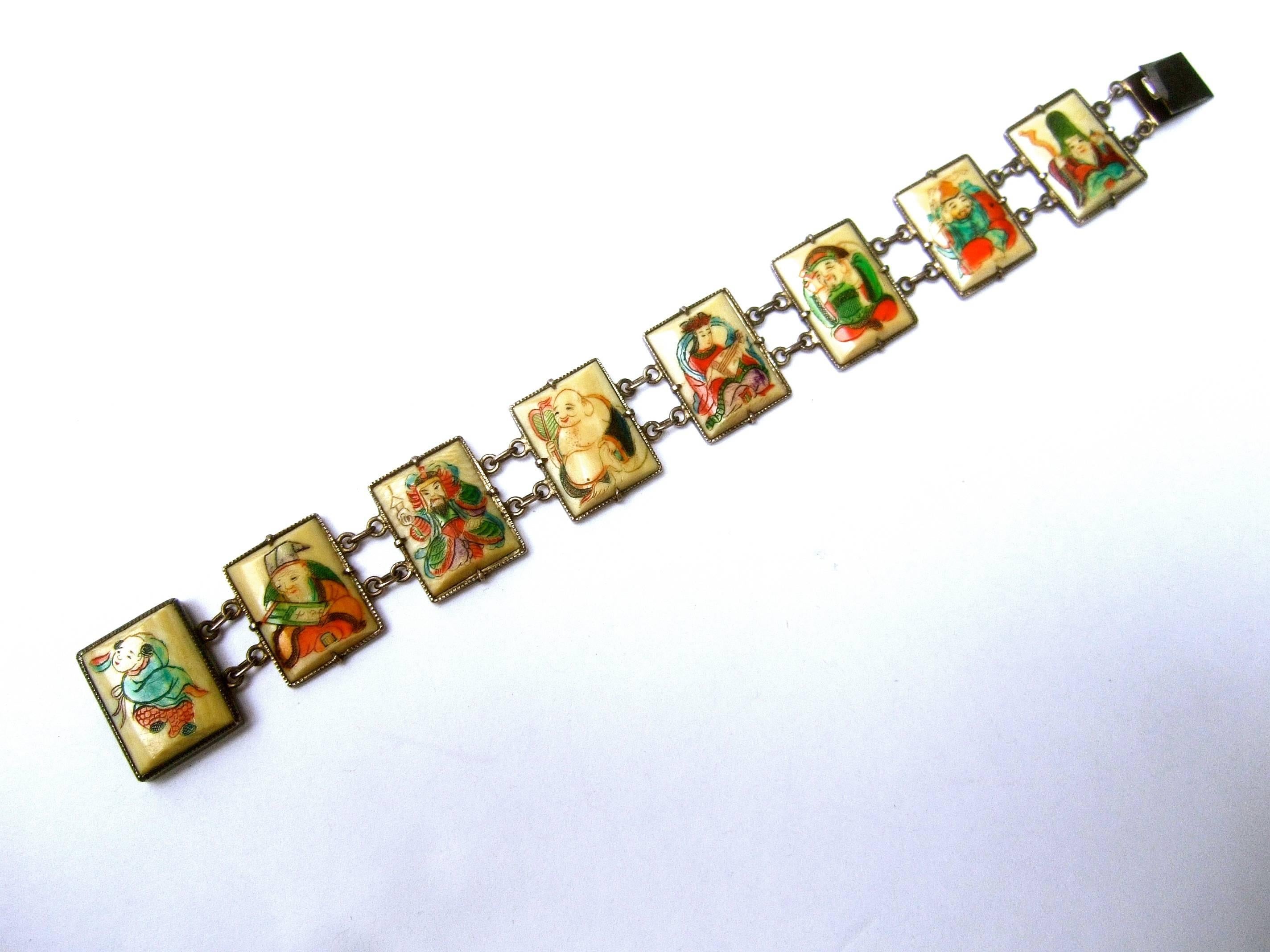 Artisan Exotic Chinese Eight Immortals Sterling Link Bracelet ca 1930s 