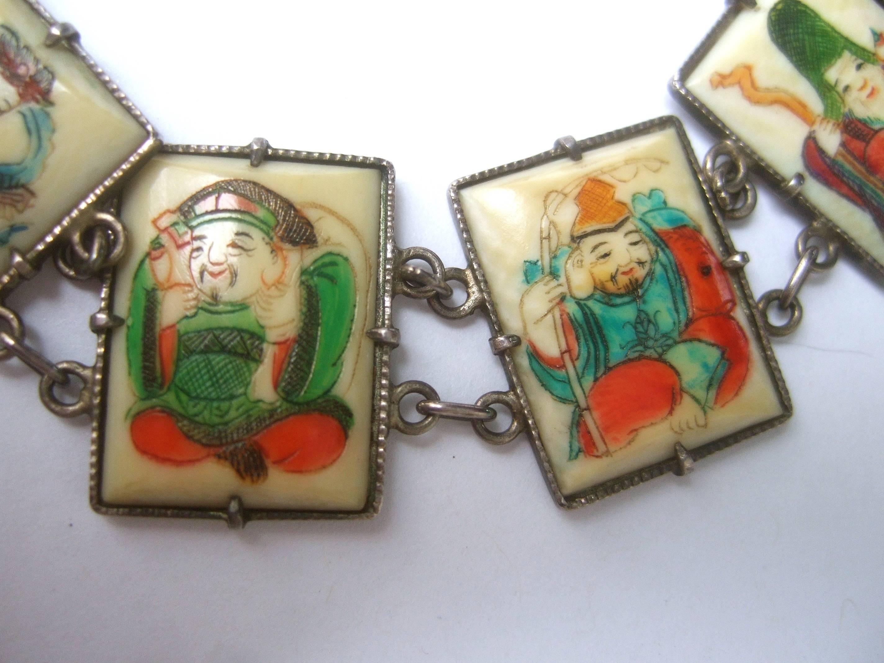 Exotic Chinese Eight Immortals Sterling Link Bracelet ca 1930s  3